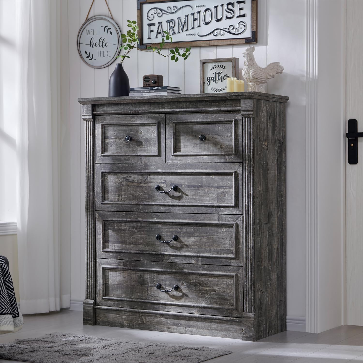 Aitjunz 5 Drawers Dresser for Bedroom, Farmhouse 46" Tall Dressers & Chests of Drawers w/Roman Column, Wood Rustic Closet Dresser w/Two Different Drawer Sizes for Bedroom, Living Room, Light Grey