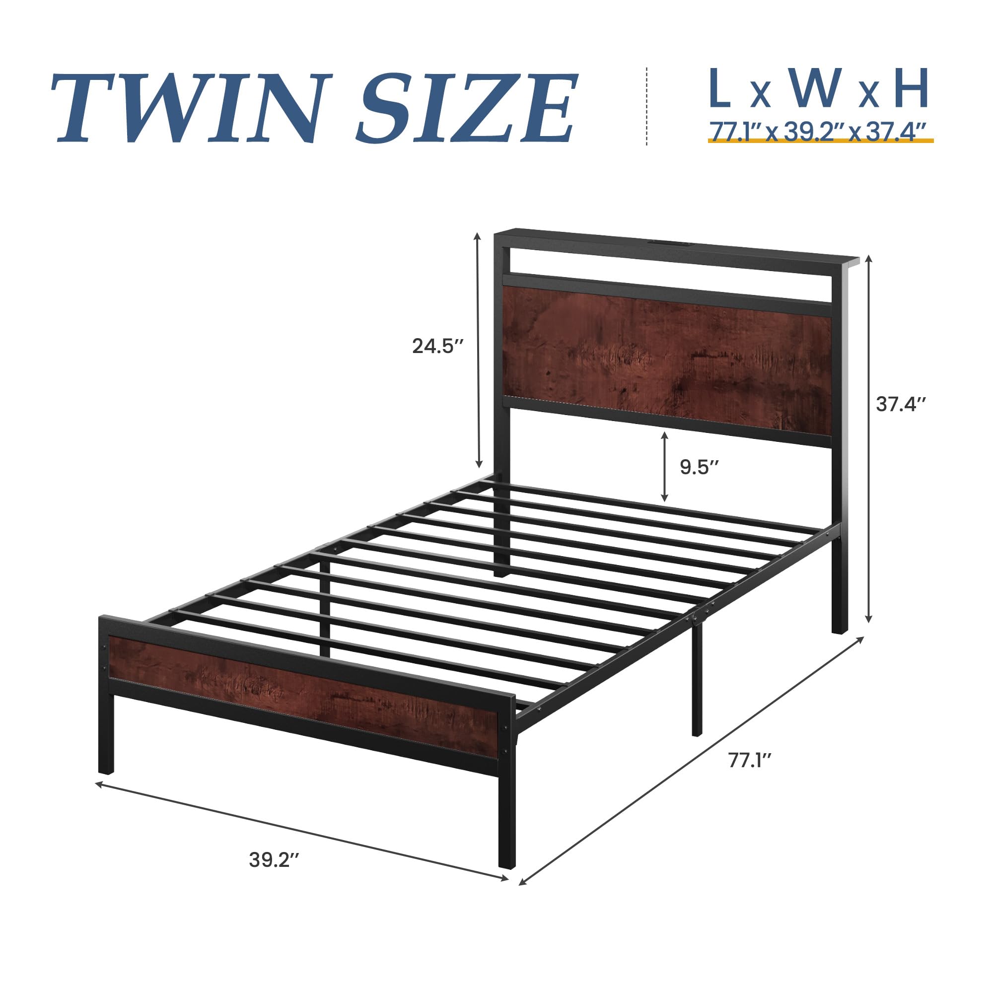 Fluest Queen Bed Frame with Headboard & Footboard, Bed Frame with Built-in Charging Station & LED Light, Storage Shelf, Noise-Free, No Box Spring Needed, Easy Assembly, Classic Black