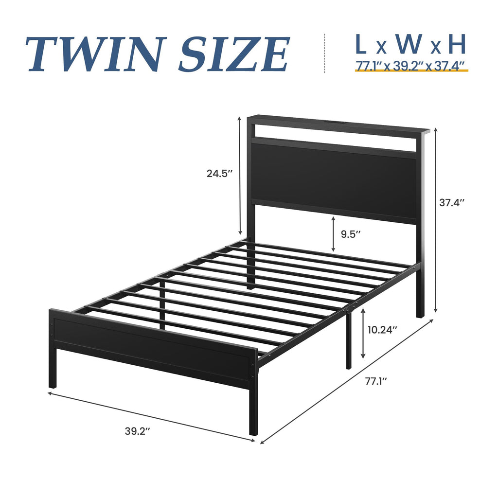 Fluest Queen Bed Frame with Headboard & Footboard, Bed Frame with Built-in Charging Station & LED Light, Storage Shelf, Noise-Free, No Box Spring Needed, Easy Assembly, Classic Black