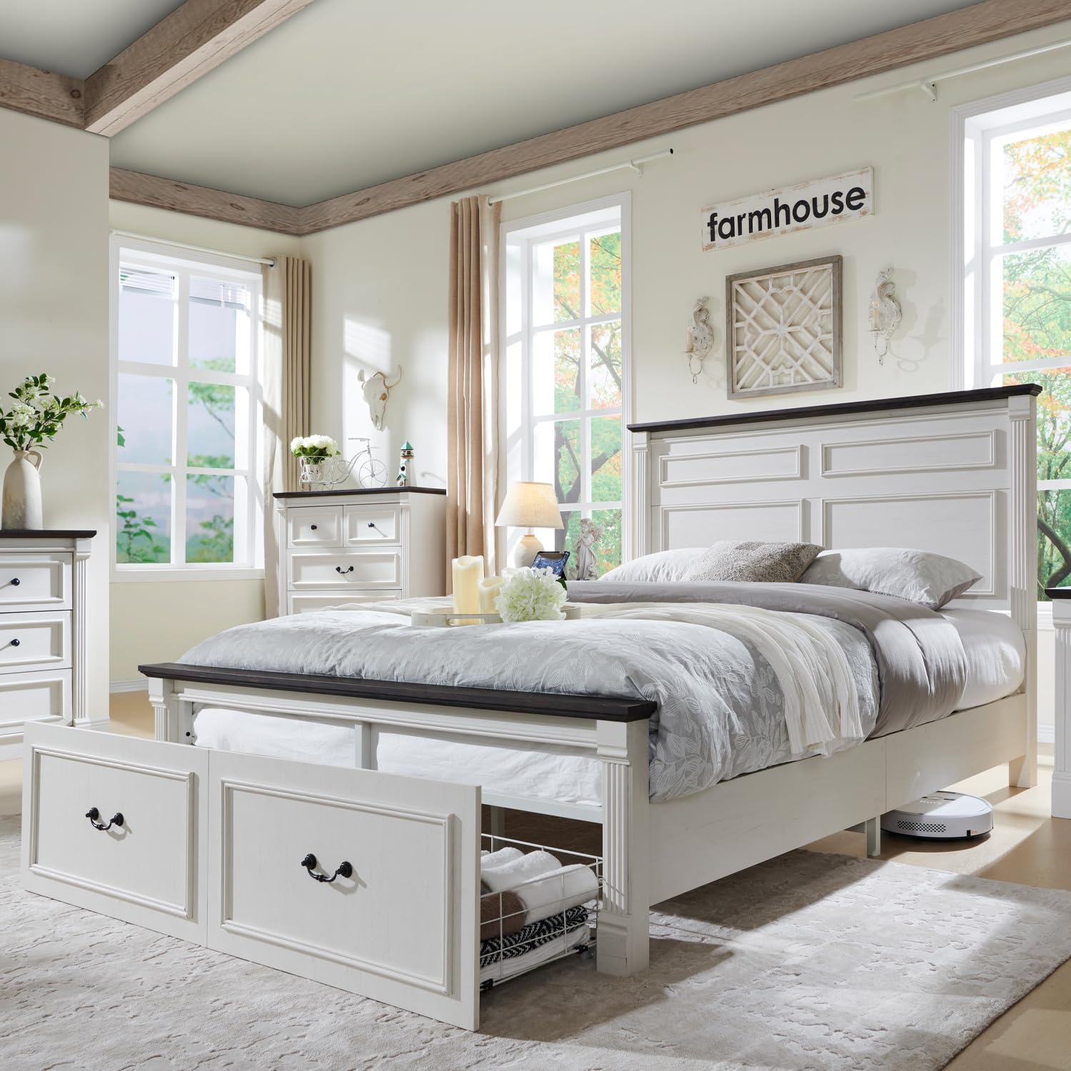 Aitjunz Farmhouse Queen Size Bed Frame with 51" Tall Headboard, Wood Platform Bed Frame with 20" Tall Roman Column Decoration Footboard & 2 Large Storage Drawers, No Box Spring Needed (Light Grey)
