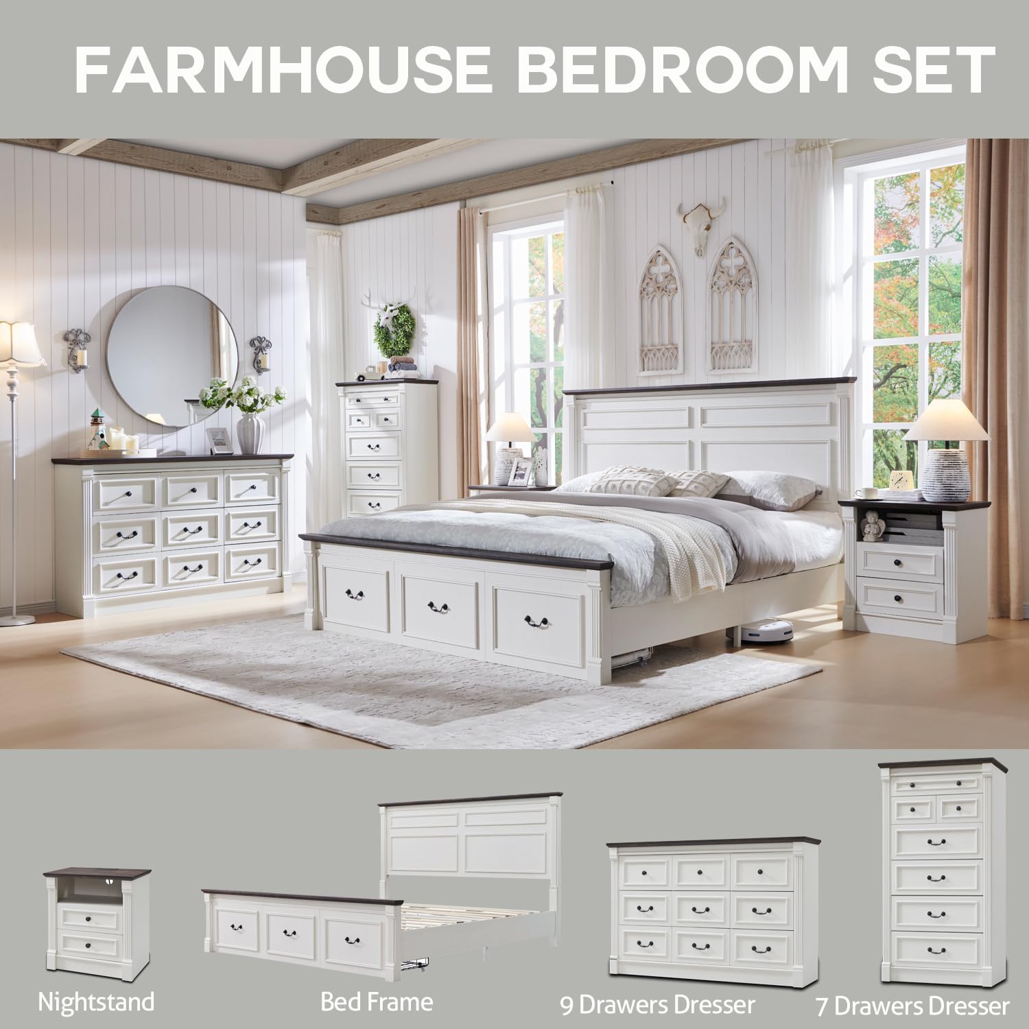 Aitjunz 5 Drawers Dresser for Bedroom, Farmhouse 46" Tall Dressers & Chests of Drawers w/Roman Column, Wood Rustic Closet Dresser w/Two Different Drawer Sizes for Bedroom, Living Room, Light Grey