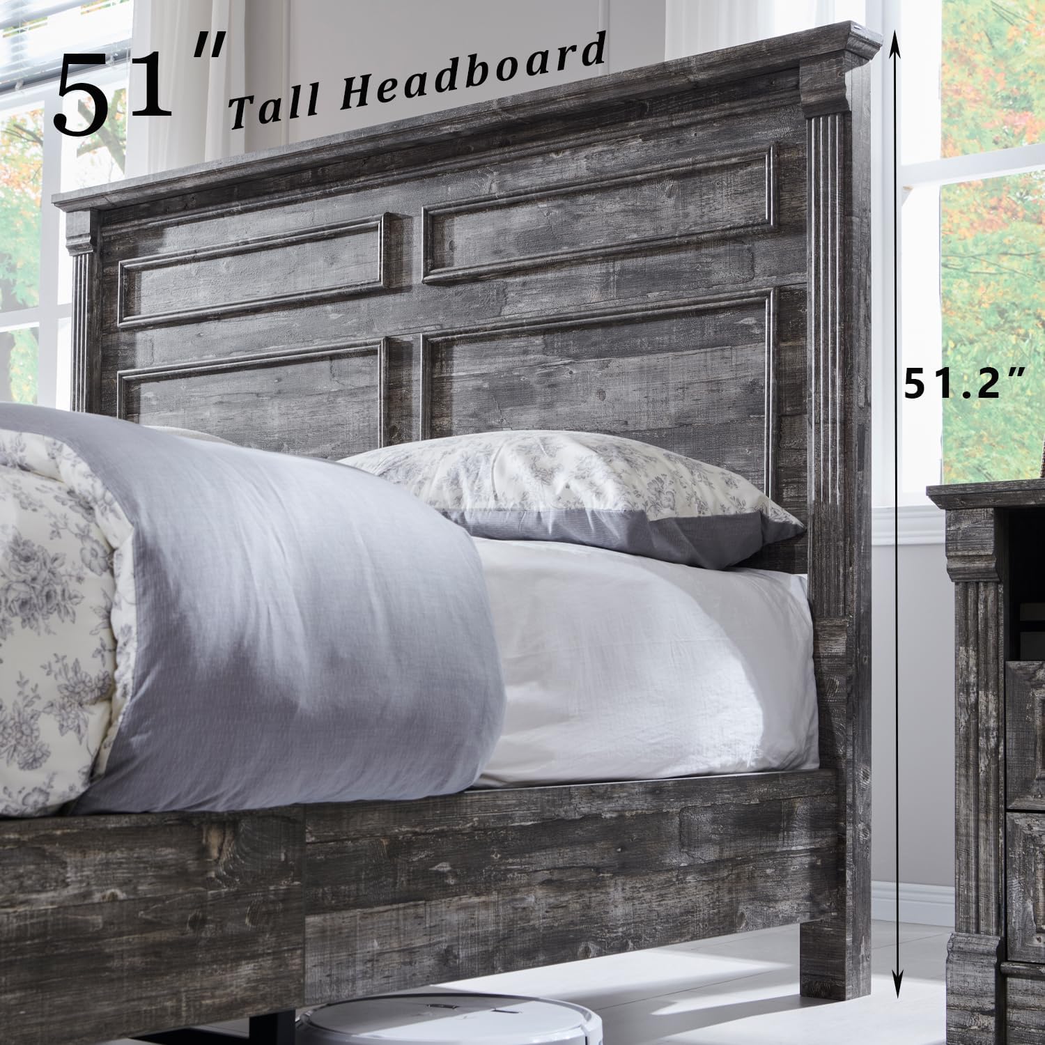 Aitjunz Farmhouse Queen Size Bed Frame with 51" Tall Headboard, Wood Platform Bed Frame with 20" Tall Roman Column Decoration Footboard & 2 Large Storage Drawers, No Box Spring Needed (Light Grey)