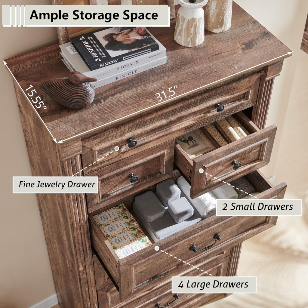 Aitjunz 5 Drawers Dresser for Bedroom, Farmhouse 46" Tall Dressers & Chests of Drawers w/Roman Column, Wood Rustic Closet Dresser w/Two Different Drawer Sizes for Bedroom, Living Room, Light Grey