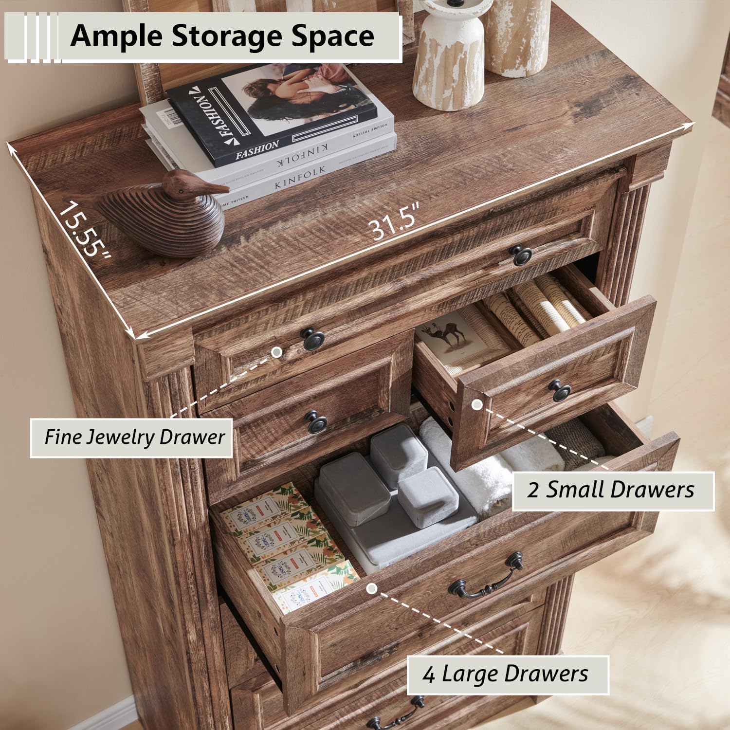 Aitjunz 5 Drawers Dresser for Bedroom, Farmhouse 46" Tall Dressers & Chests of Drawers w/Roman Column, Wood Rustic Closet Dresser w/Two Different Drawer Sizes for Bedroom, Living Room, Light Grey