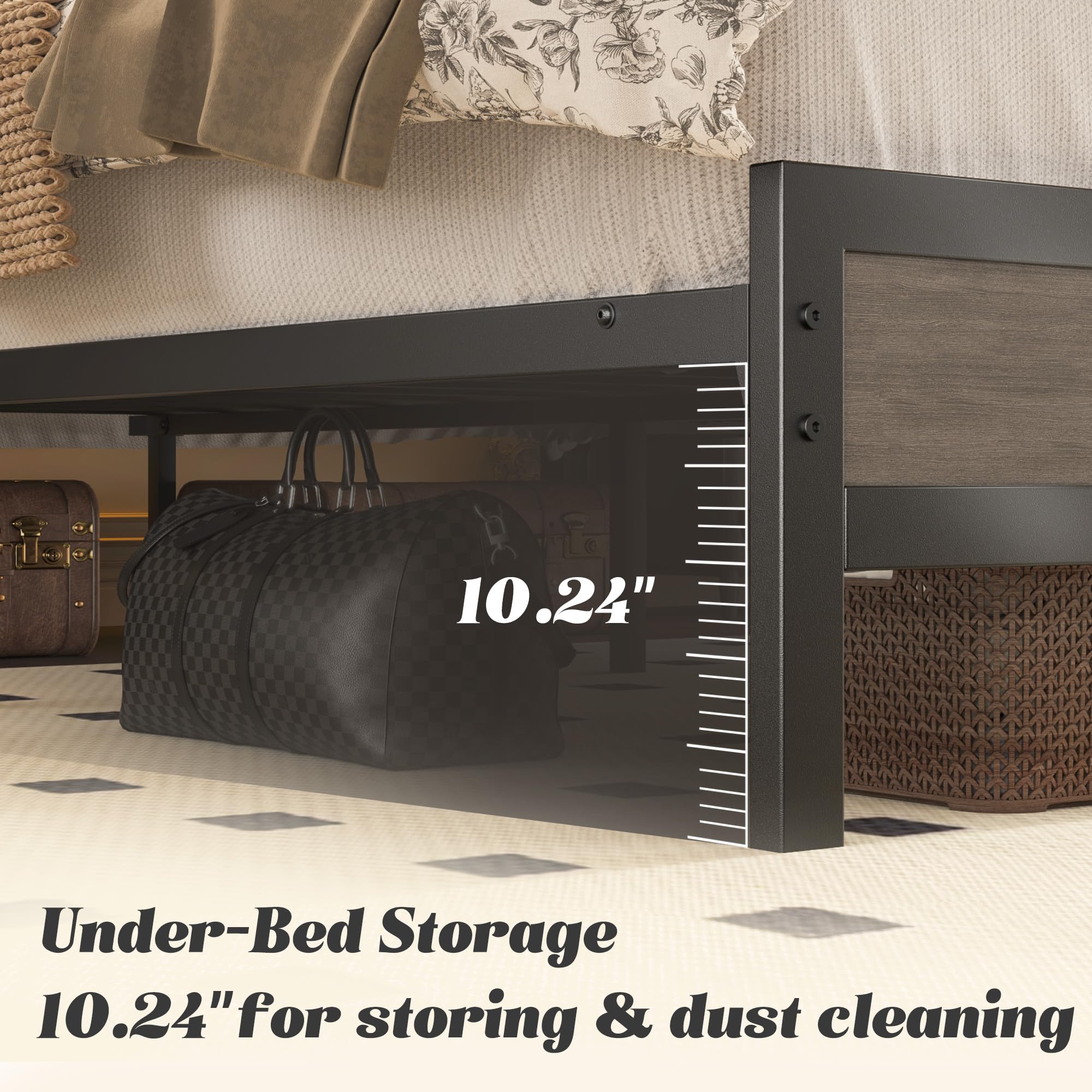 Fluest Queen Bed Frame with Headboard & Footboard, Bed Frame with Built-in Charging Station & LED Light, Storage Shelf, Noise-Free, No Box Spring Needed, Easy Assembly, Classic Black