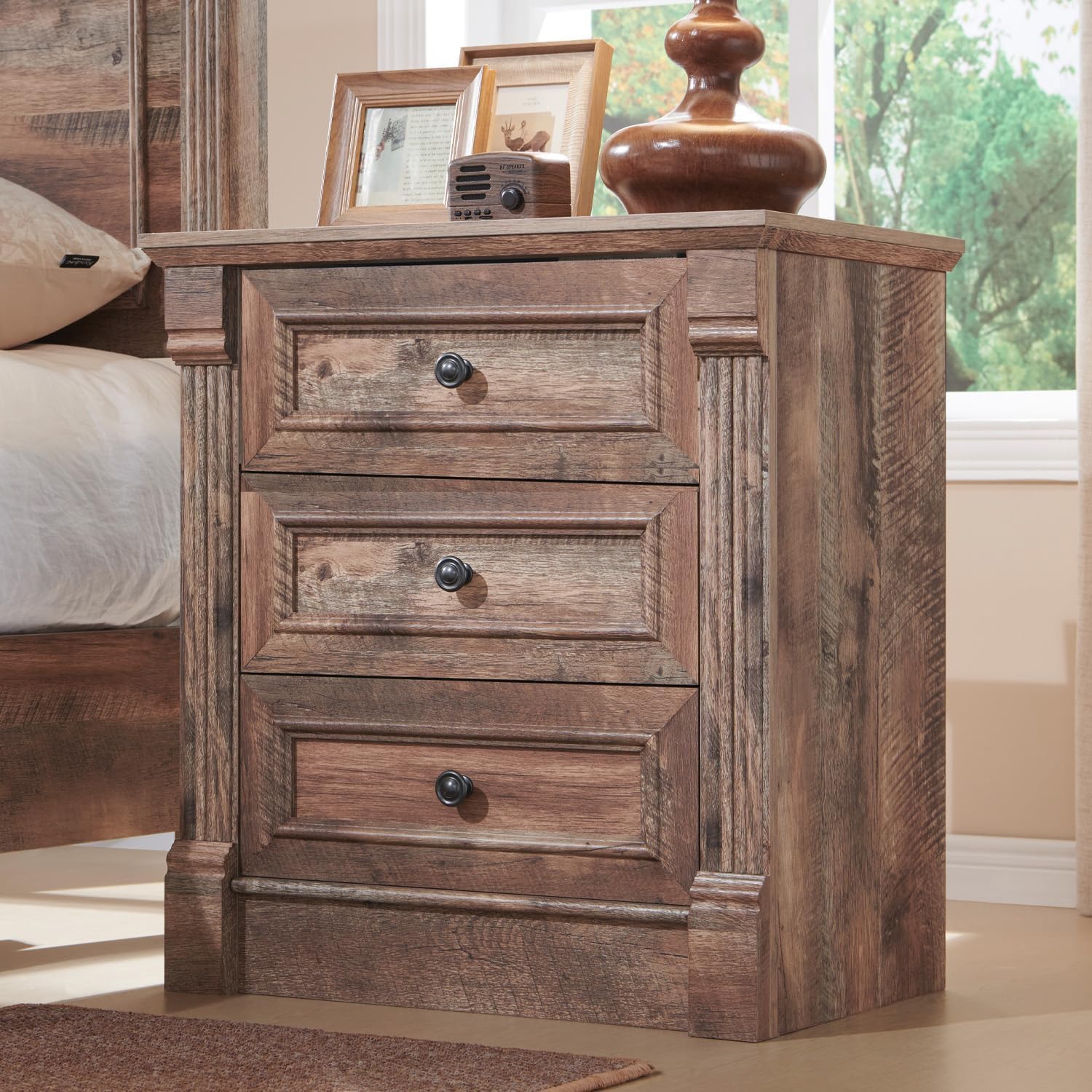 Aitjunz 26" Tall Farmhouse Nightstand Set of 2, 3 Drawers End Table w/Charging Station, 23.6" Wide Large Side Table w/Roman Column, Wood Rustic Sofa Table for Bedroom, Light Gray