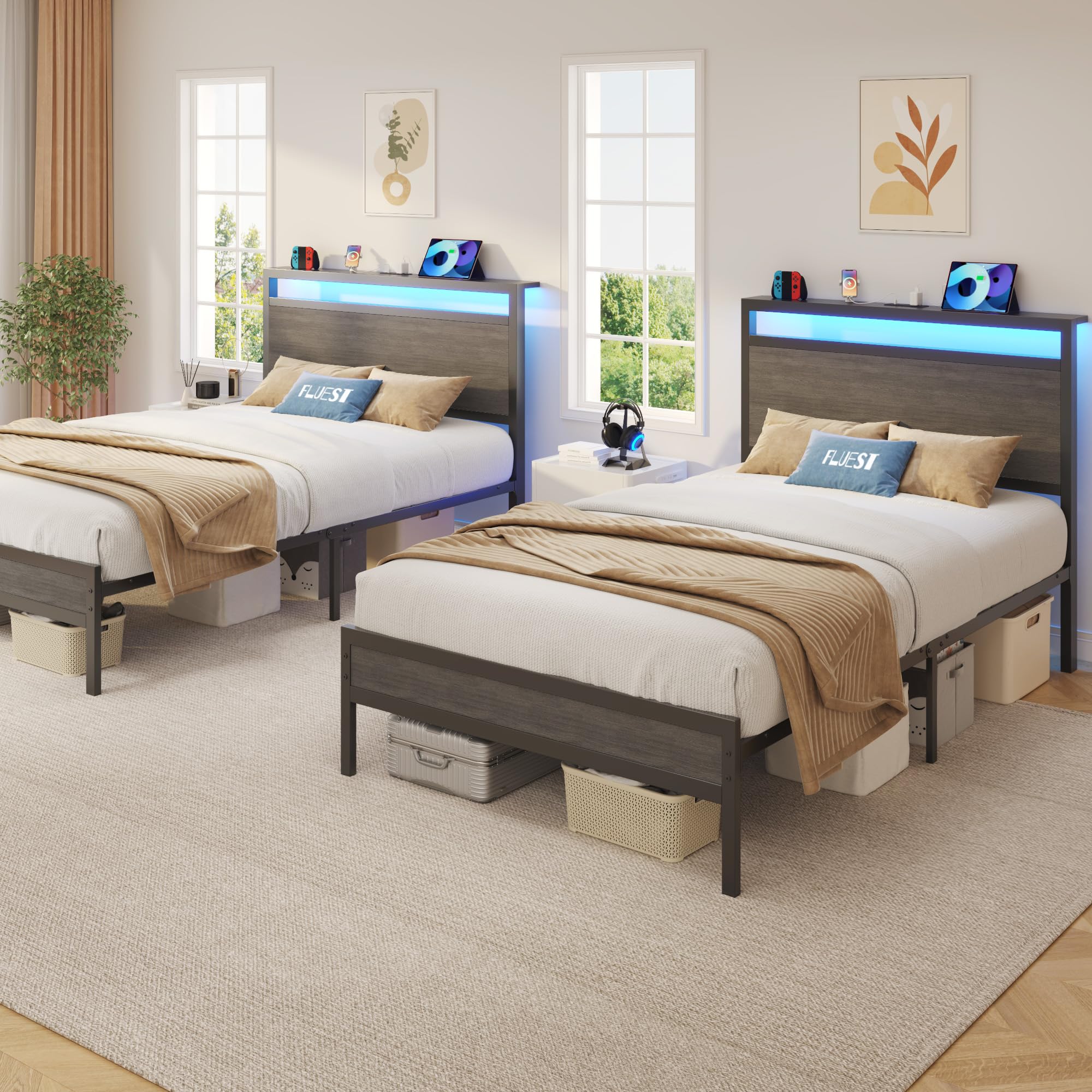 Fluest Queen Bed Frame with Headboard & Footboard, Bed Frame with Built-in Charging Station & LED Light, Storage Shelf, Noise-Free, No Box Spring Needed, Easy Assembly, Classic Black