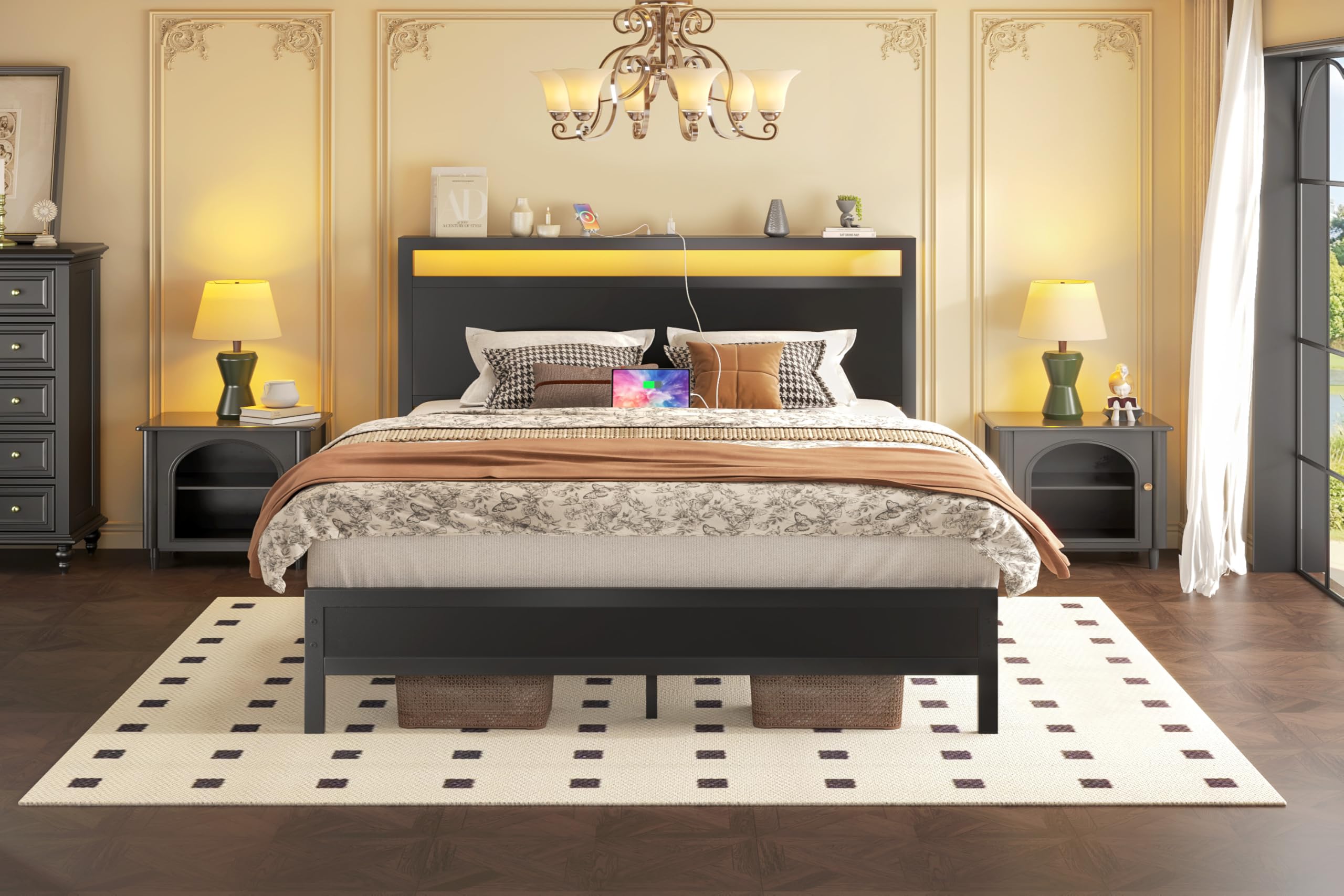 Fluest Queen Bed Frame with Headboard & Footboard, Bed Frame with Built-in Charging Station & LED Light, Storage Shelf, Noise-Free, No Box Spring Needed, Easy Assembly, Classic Black