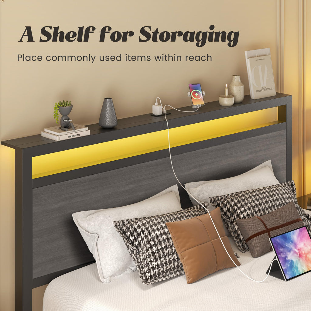 Fluest Queen Bed Frame with Headboard & Footboard, Bed Frame with Built-in Charging Station & LED Light, Storage Shelf, Noise-Free, No Box Spring Needed, Easy Assembly, Classic Black