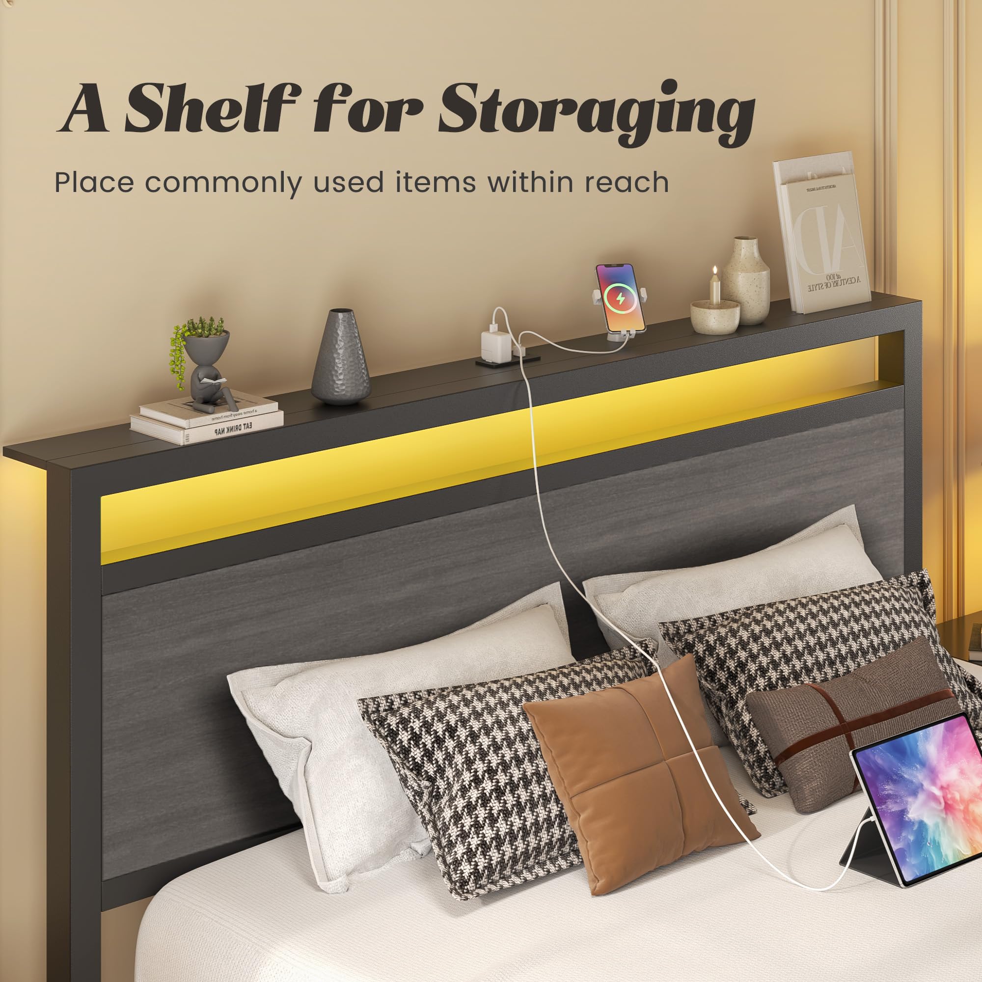 Fluest Queen Bed Frame with Headboard & Footboard, Bed Frame with Built-in Charging Station & LED Light, Storage Shelf, Noise-Free, No Box Spring Needed, Easy Assembly, Classic Black