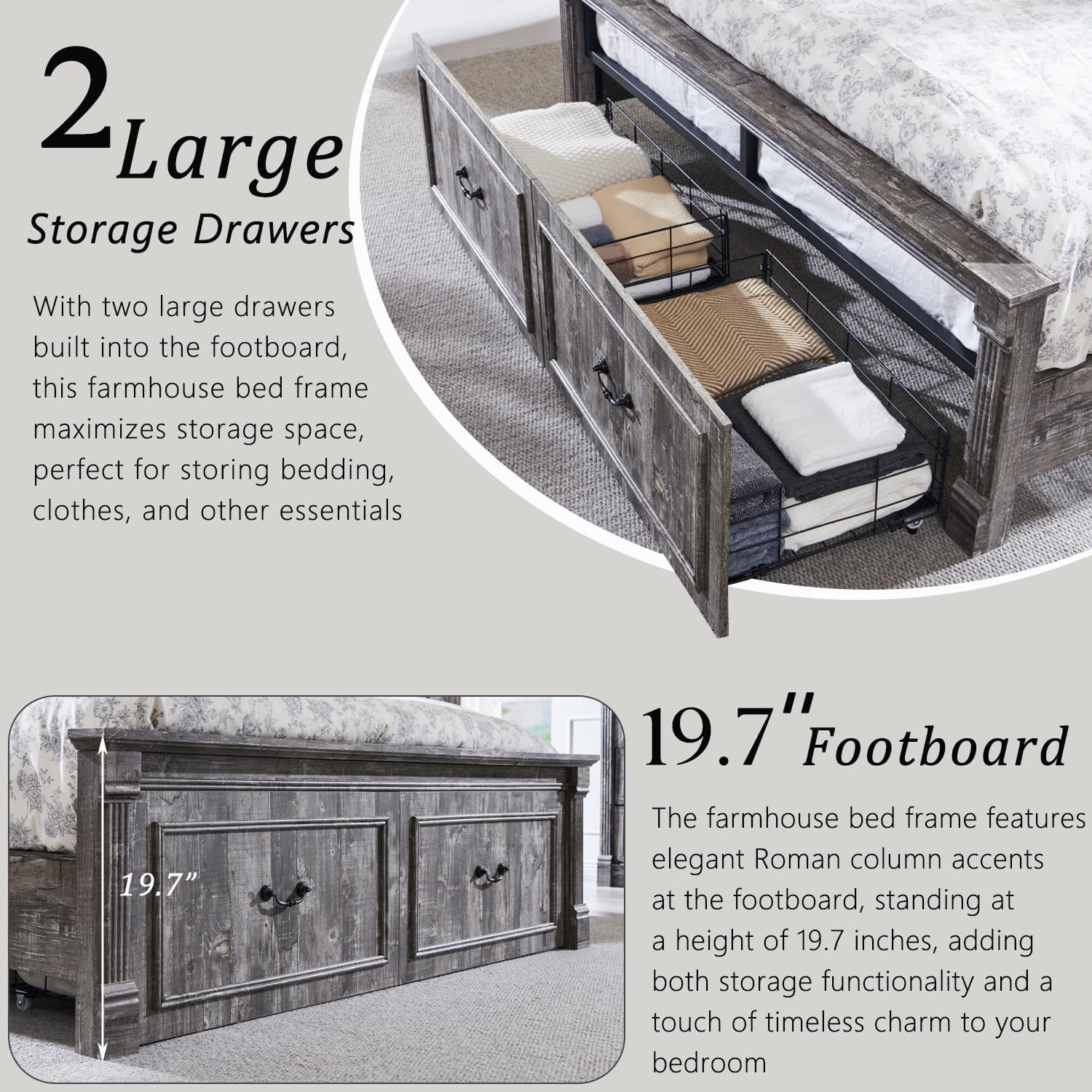 Aitjunz Farmhouse Queen Size Bed Frame with 51" Tall Headboard, Wood Platform Bed Frame with 20" Tall Roman Column Decoration Footboard & 2 Large Storage Drawers, No Box Spring Needed (Light Grey)