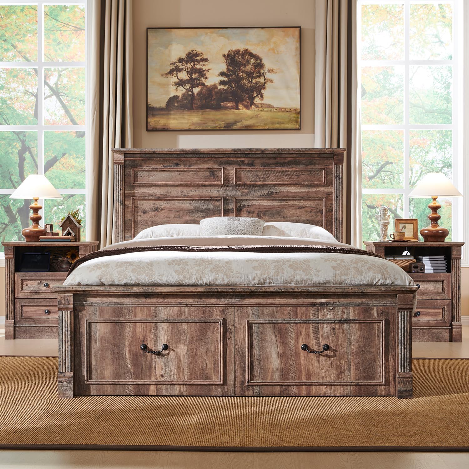 Aitjunz 26" Tall Farmhouse Nightstand Set of 2, 3 Drawers End Table w/Charging Station, 23.6" Wide Large Side Table w/Roman Column, Wood Rustic Sofa Table for Bedroom, Light Gray