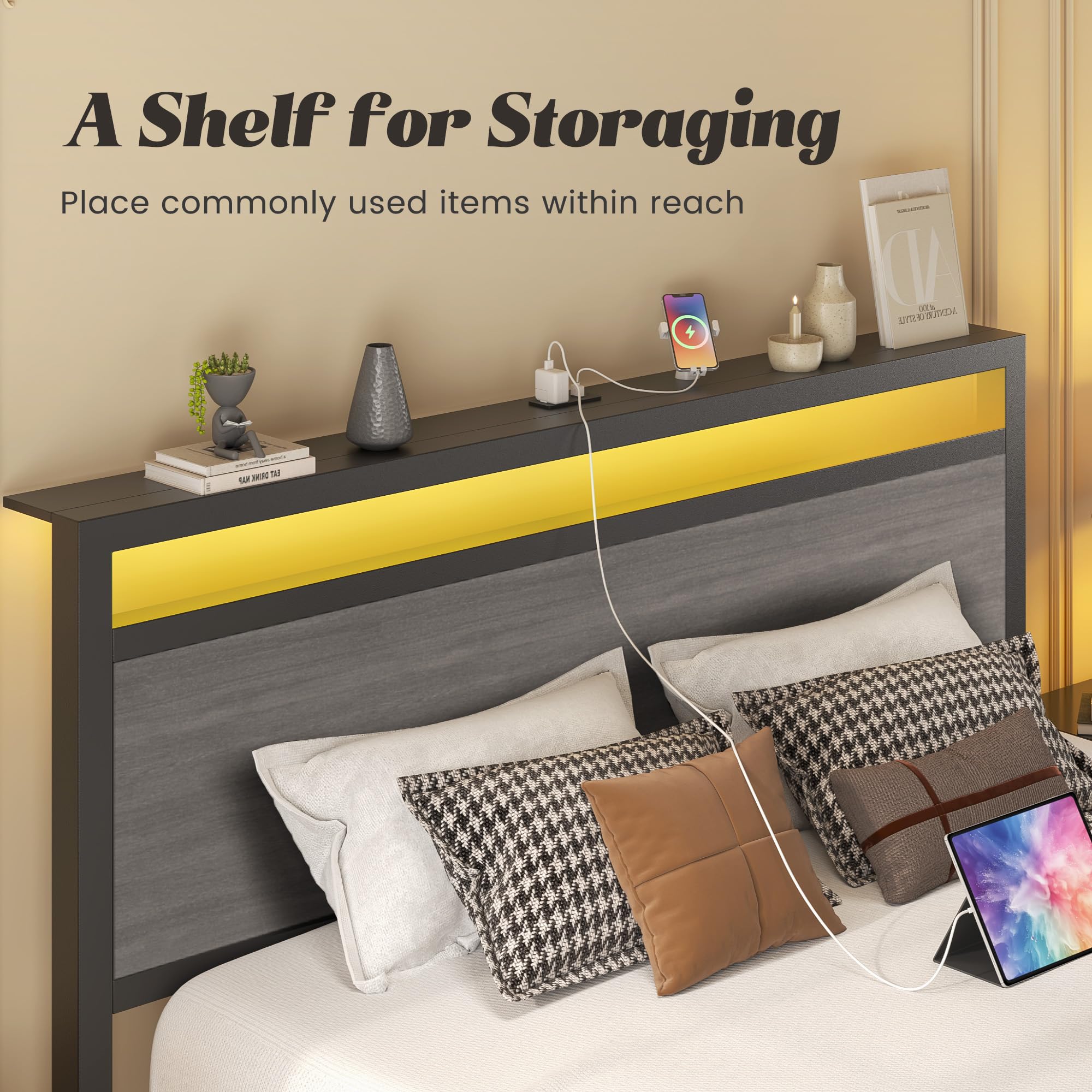 Fluest Queen Bed Frame with Headboard & Footboard, Bed Frame with Built-in Charging Station & LED Light, Storage Shelf, Noise-Free, No Box Spring Needed, Easy Assembly, Classic Black