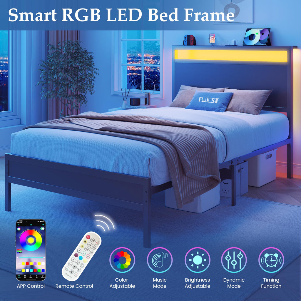 Fluest Queen Bed Frame with Headboard & Footboard, Bed Frame with Built-in Charging Station & LED Light, Storage Shelf, Noise-Free, No Box Spring Needed, Easy Assembly, Classic Black