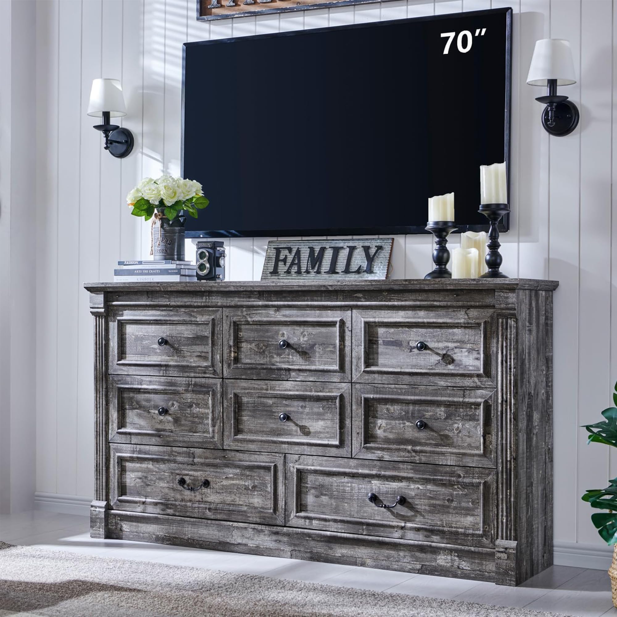 Aitjunz 5 Drawers Dresser for Bedroom, Farmhouse 46" Tall Dressers & Chests of Drawers w/Roman Column, Wood Rustic Closet Dresser w/Two Different Drawer Sizes for Bedroom, Living Room, Light Grey