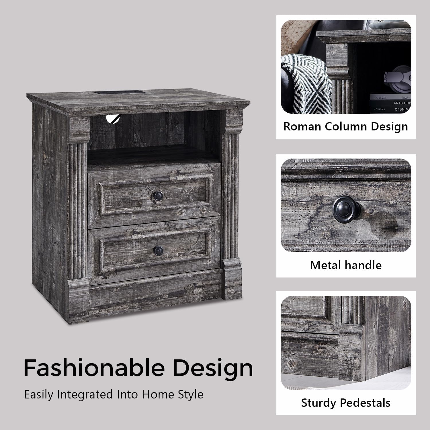 Aitjunz 26" Tall Farmhouse Nightstand Set of 2, 3 Drawers End Table w/Charging Station, 23.6" Wide Large Side Table w/Roman Column, Wood Rustic Sofa Table for Bedroom, Light Gray