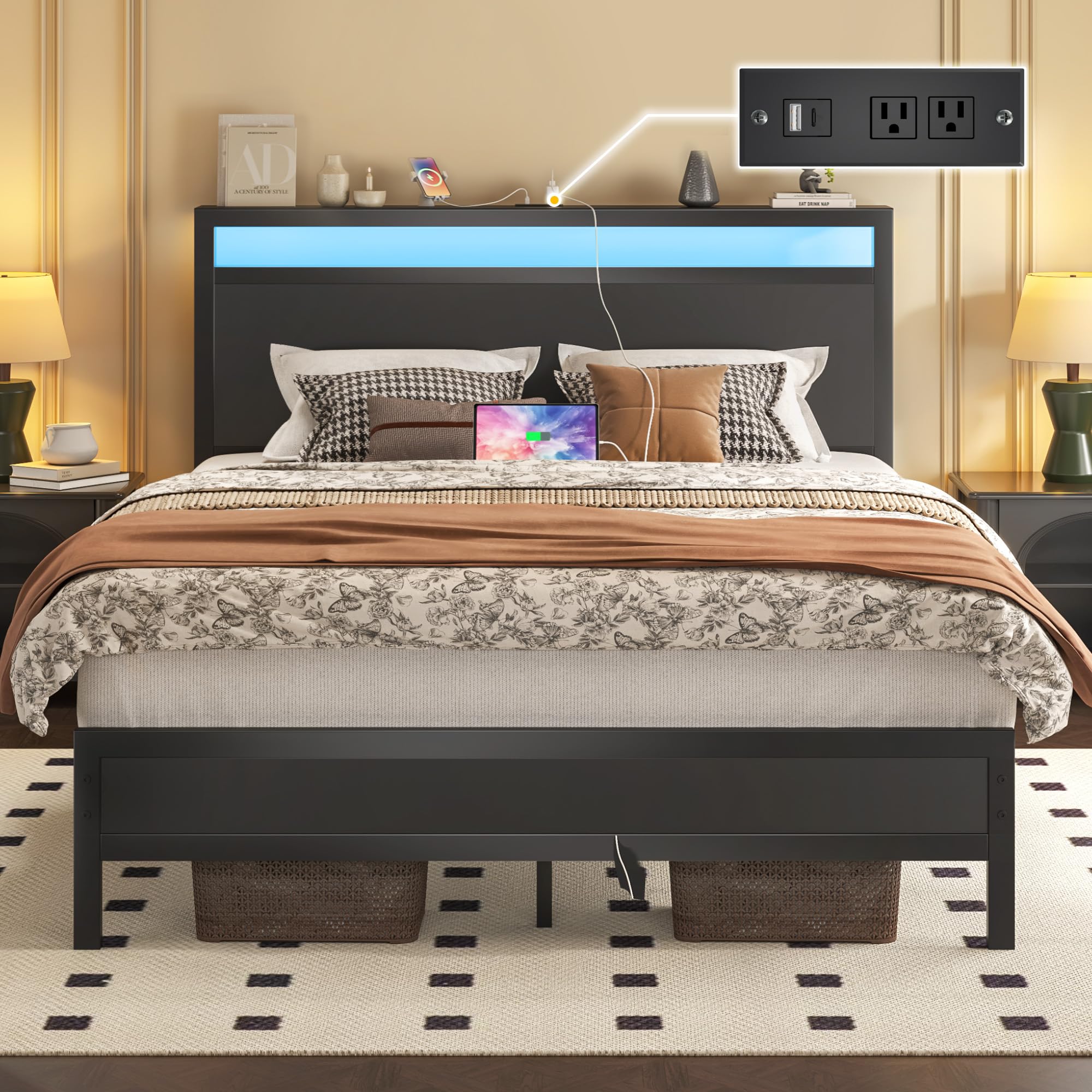 Fluest Queen Bed Frame with Headboard & Footboard, Bed Frame with Built-in Charging Station & LED Light, Storage Shelf, Noise-Free, No Box Spring Needed, Easy Assembly, Classic Black