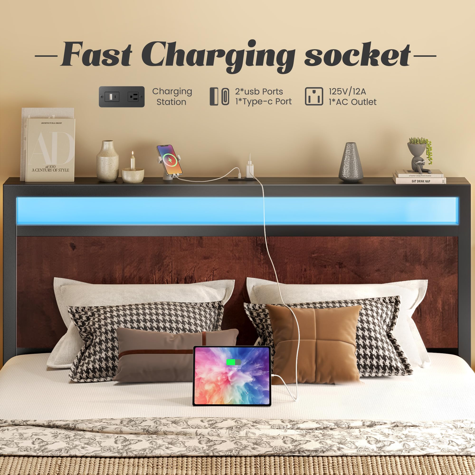 Fluest Queen Bed Frame with Headboard & Footboard, Bed Frame with Built-in Charging Station & LED Light, Storage Shelf, Noise-Free, No Box Spring Needed, Easy Assembly, Classic Black