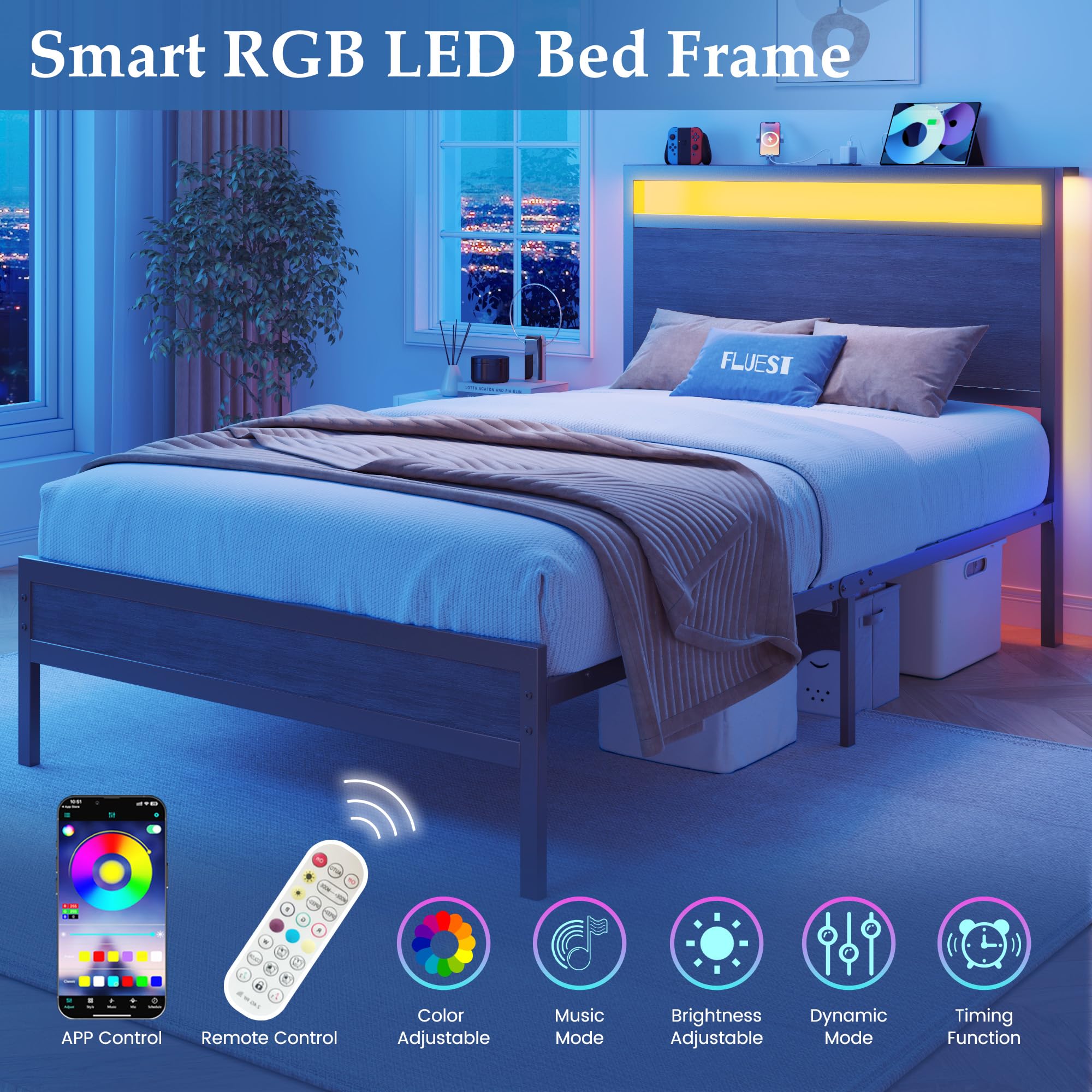 Fluest Queen Bed Frame with Headboard & Footboard, Bed Frame with Built-in Charging Station & LED Light, Storage Shelf, Noise-Free, No Box Spring Needed, Easy Assembly, Classic Black