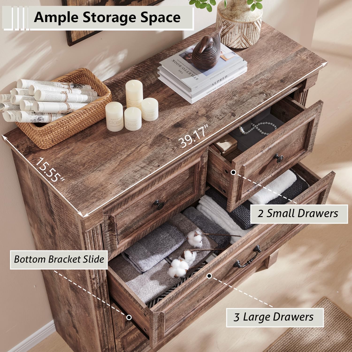 Aitjunz 5 Drawers Dresser for Bedroom, Farmhouse 46" Tall Dressers & Chests of Drawers w/Roman Column, Wood Rustic Closet Dresser w/Two Different Drawer Sizes for Bedroom, Living Room, Light Grey