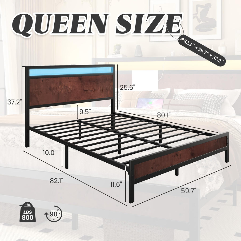 Fluest Queen Bed Frame with Headboard & Footboard, Bed Frame with Built-in Charging Station & LED Light, Storage Shelf, Noise-Free, No Box Spring Needed, Easy Assembly, Classic Black