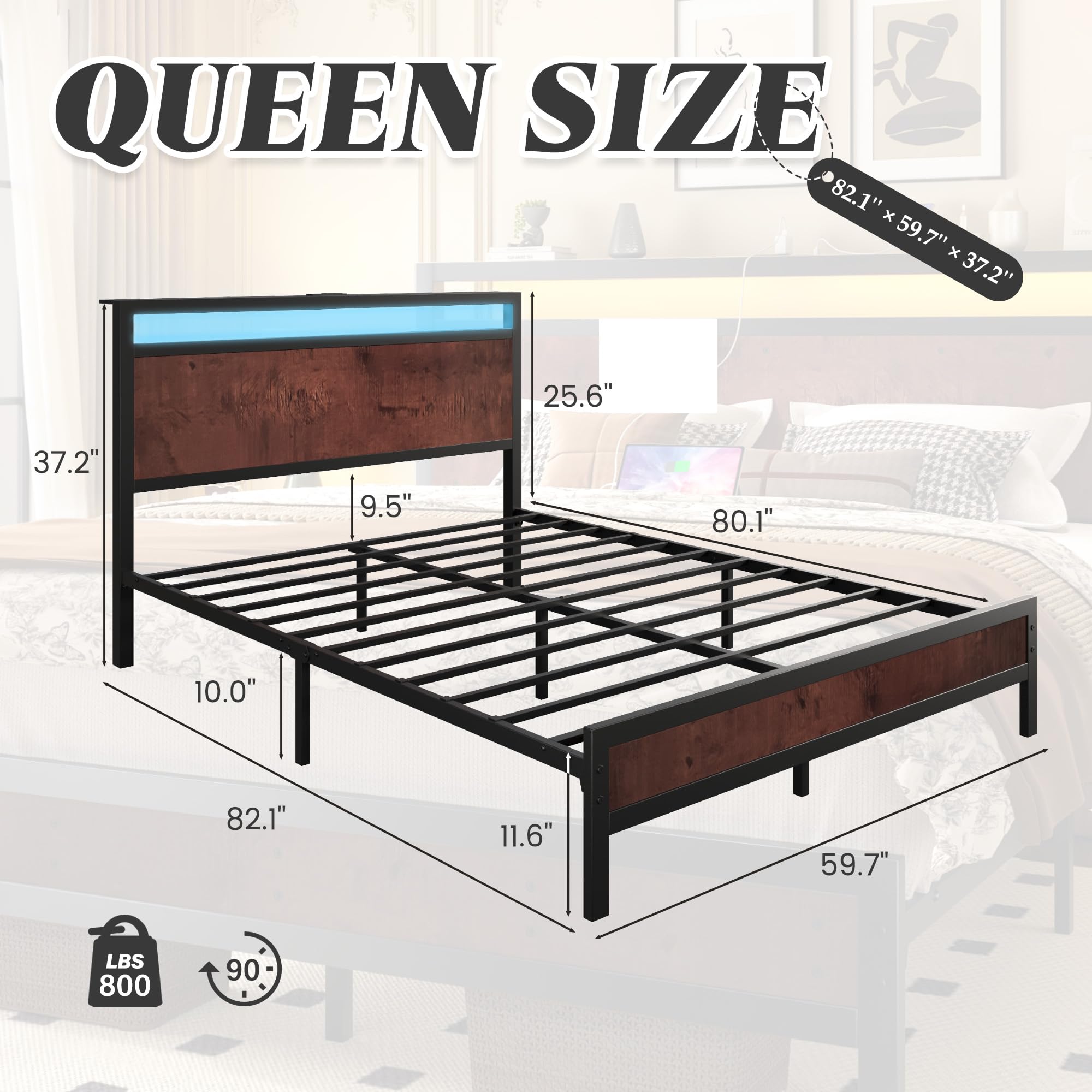 Fluest Queen Bed Frame with Headboard & Footboard, Bed Frame with Built-in Charging Station & LED Light, Storage Shelf, Noise-Free, No Box Spring Needed, Easy Assembly, Classic Black