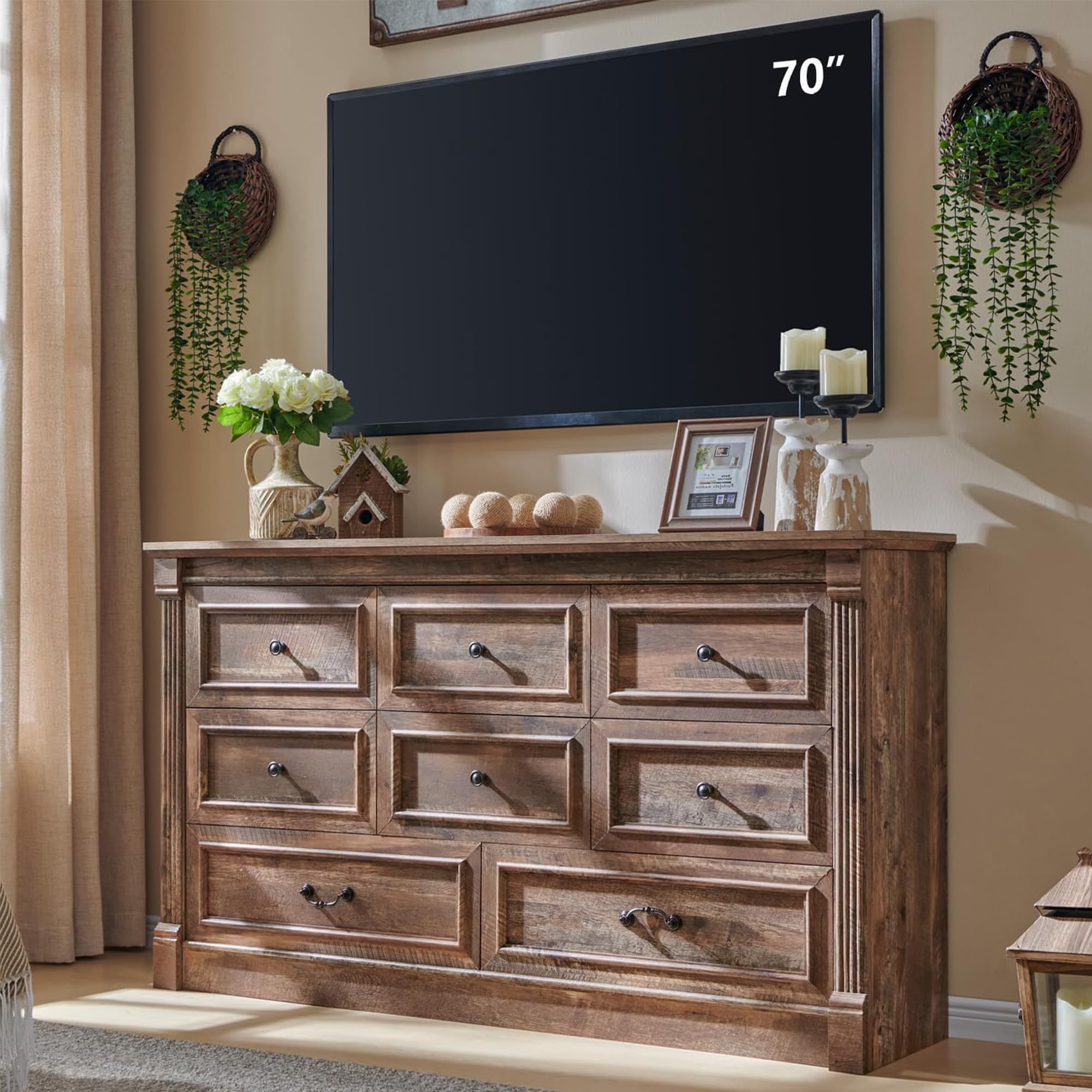 Aitjunz 5 Drawers Dresser for Bedroom, Farmhouse 46" Tall Dressers & Chests of Drawers w/Roman Column, Wood Rustic Closet Dresser w/Two Different Drawer Sizes for Bedroom, Living Room, Light Grey