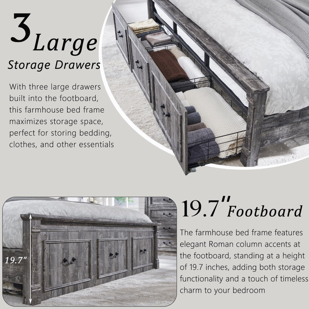 Aitjunz Farmhouse Queen Size Bed Frame with 51" Tall Headboard, Wood Platform Bed Frame with 20" Tall Roman Column Decoration Footboard & 2 Large Storage Drawers, No Box Spring Needed (Light Grey)