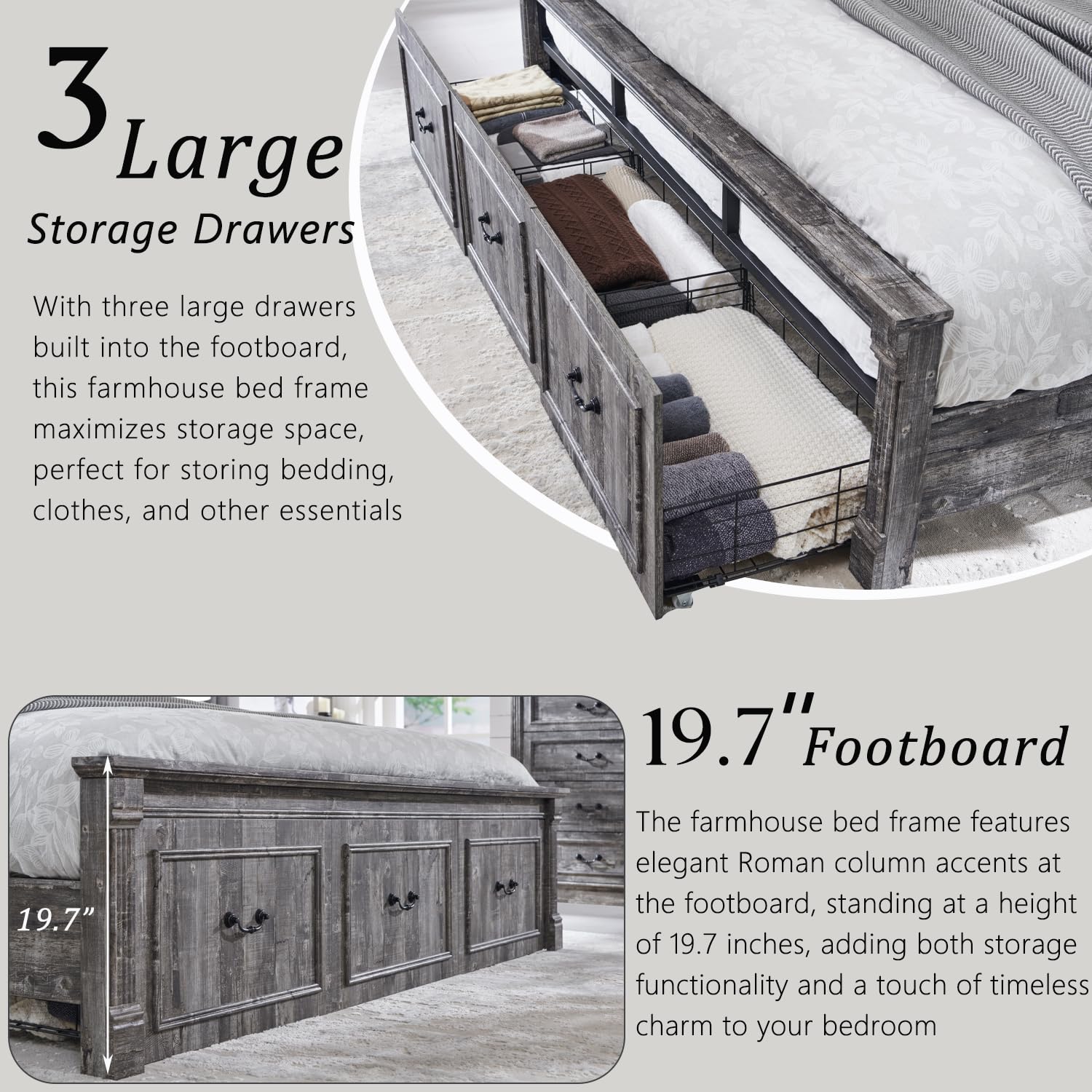 Aitjunz Farmhouse Queen Size Bed Frame with 51" Tall Headboard, Wood Platform Bed Frame with 20" Tall Roman Column Decoration Footboard & 2 Large Storage Drawers, No Box Spring Needed (Light Grey)
