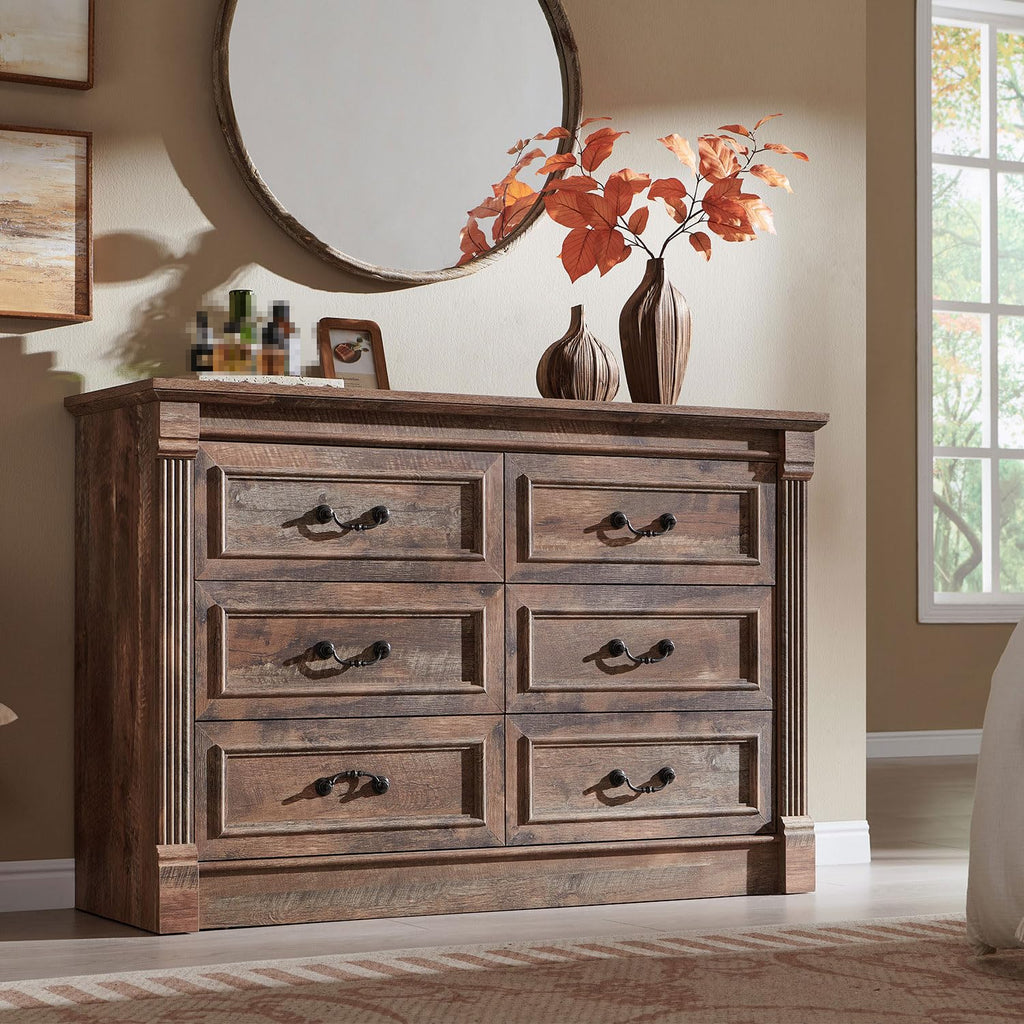 Aitjunz 5 Drawers Dresser for Bedroom, Farmhouse 46" Tall Dressers & Chests of Drawers w/Roman Column, Wood Rustic Closet Dresser w/Two Different Drawer Sizes for Bedroom, Living Room, Light Grey