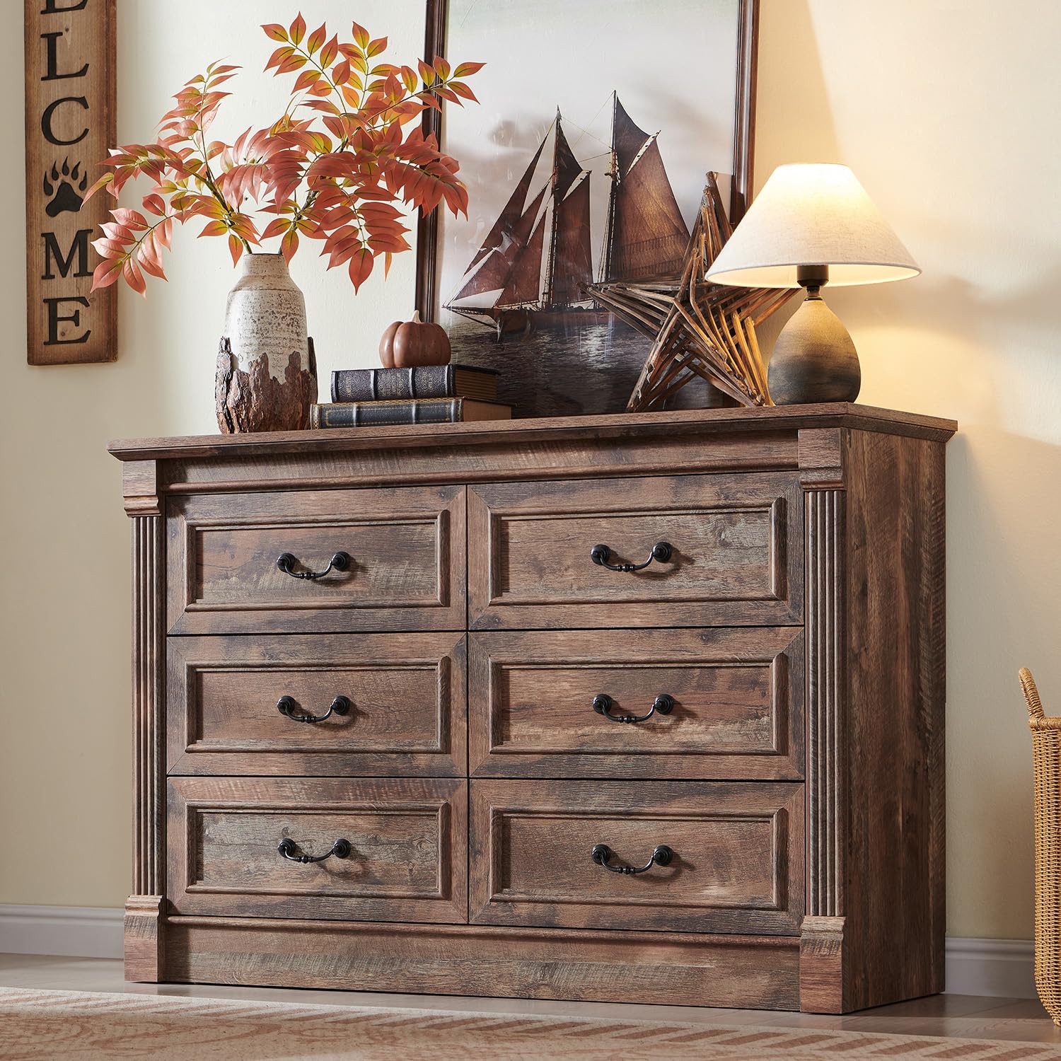 Aitjunz 5 Drawers Dresser for Bedroom, Farmhouse 46" Tall Dressers & Chests of Drawers w/Roman Column, Wood Rustic Closet Dresser w/Two Different Drawer Sizes for Bedroom, Living Room, Light Grey