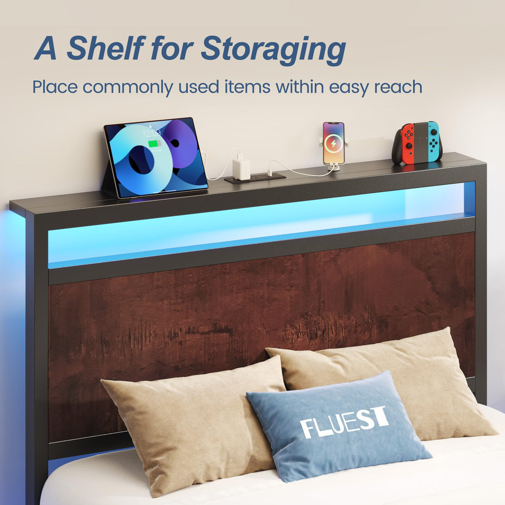 Fluest Queen Bed Frame with Headboard & Footboard, Bed Frame with Built-in Charging Station & LED Light, Storage Shelf, Noise-Free, No Box Spring Needed, Easy Assembly, Classic Black