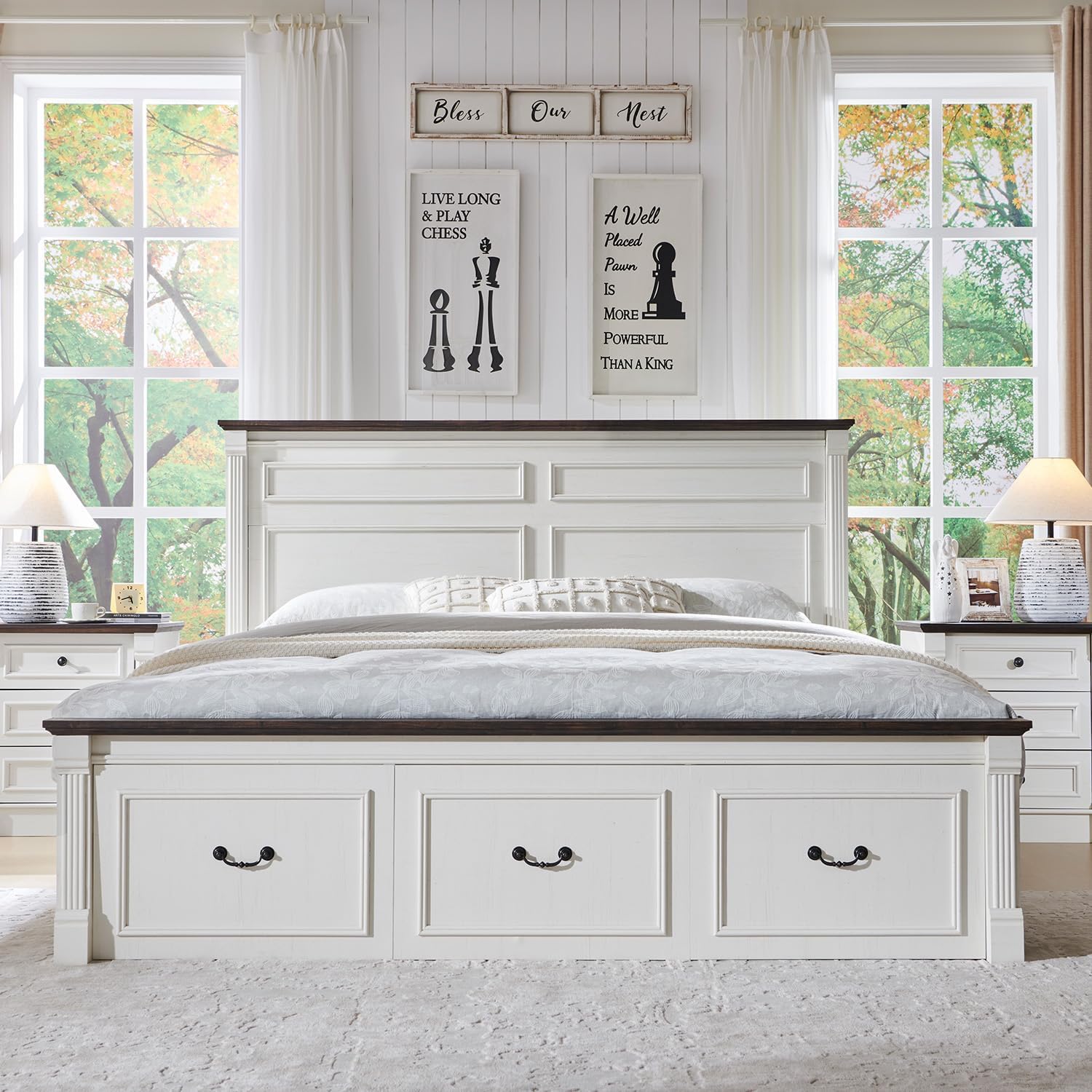 Aitjunz 26" Tall Farmhouse Nightstand Set of 2, 3 Drawers End Table w/Charging Station, 23.6" Wide Large Side Table w/Roman Column, Wood Rustic Sofa Table for Bedroom, Light Gray