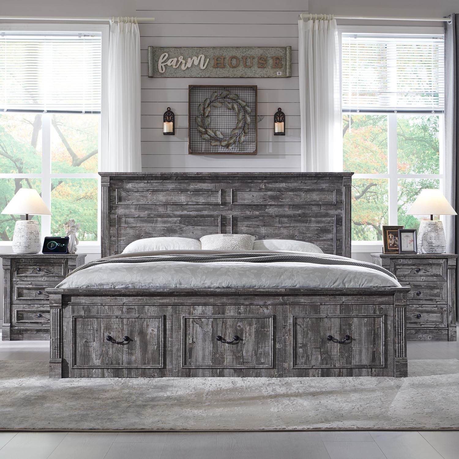 Aitjunz 26" Tall Farmhouse Nightstand Set of 2, 3 Drawers End Table w/Charging Station, 23.6" Wide Large Side Table w/Roman Column, Wood Rustic Sofa Table for Bedroom, Light Gray