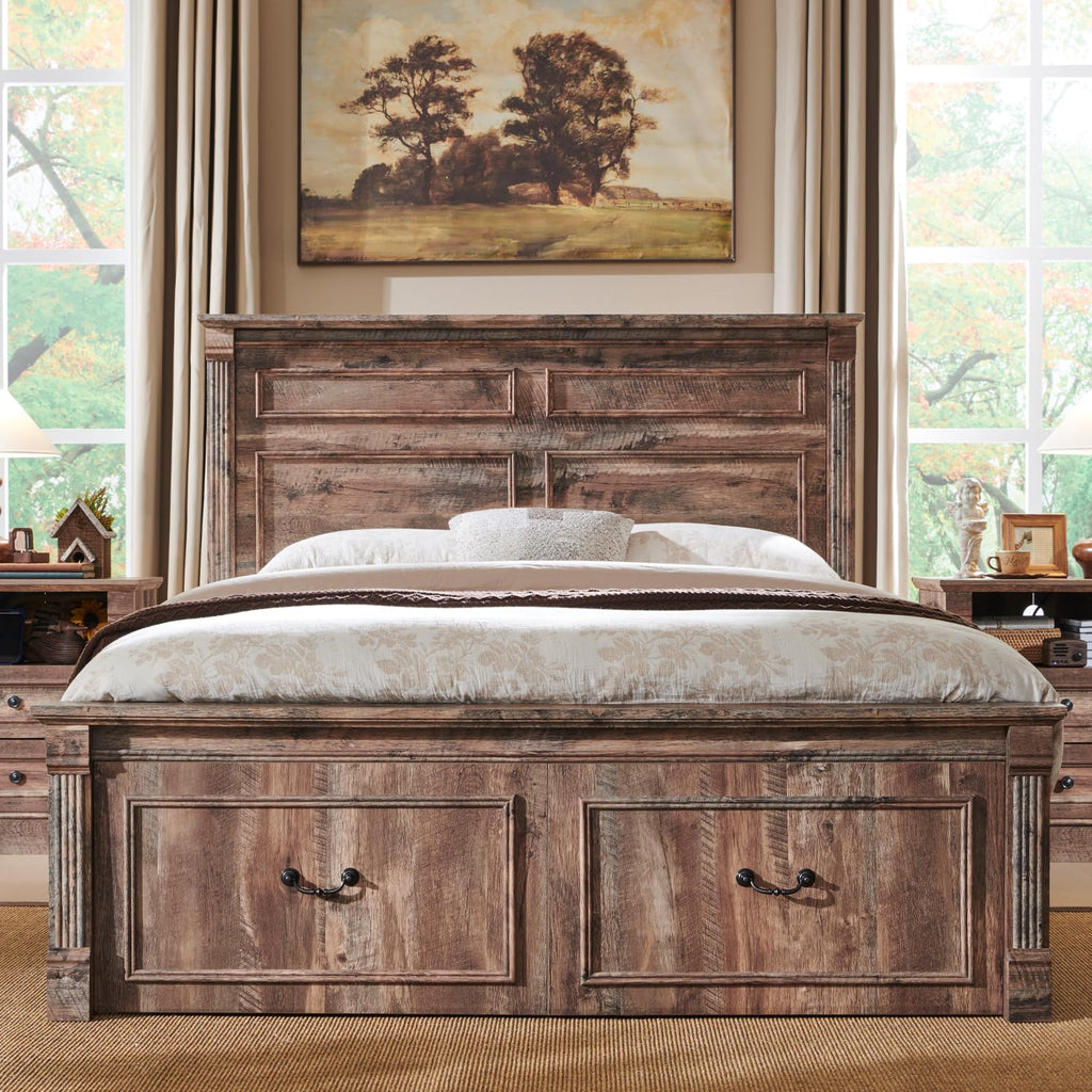 Aitjunz Farmhouse Queen Size Bed Frame with 51" Tall Headboard, Wood Platform Bed Frame with 20" Tall Roman Column Decoration Footboard & 2 Large Storage Drawers, No Box Spring Needed (Light Grey)