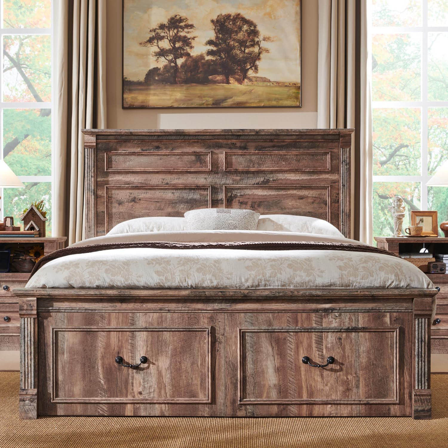 Aitjunz Farmhouse Queen Size Bed Frame with 51" Tall Headboard, Wood Platform Bed Frame with 20" Tall Roman Column Decoration Footboard & 2 Large Storage Drawers, No Box Spring Needed (Light Grey)