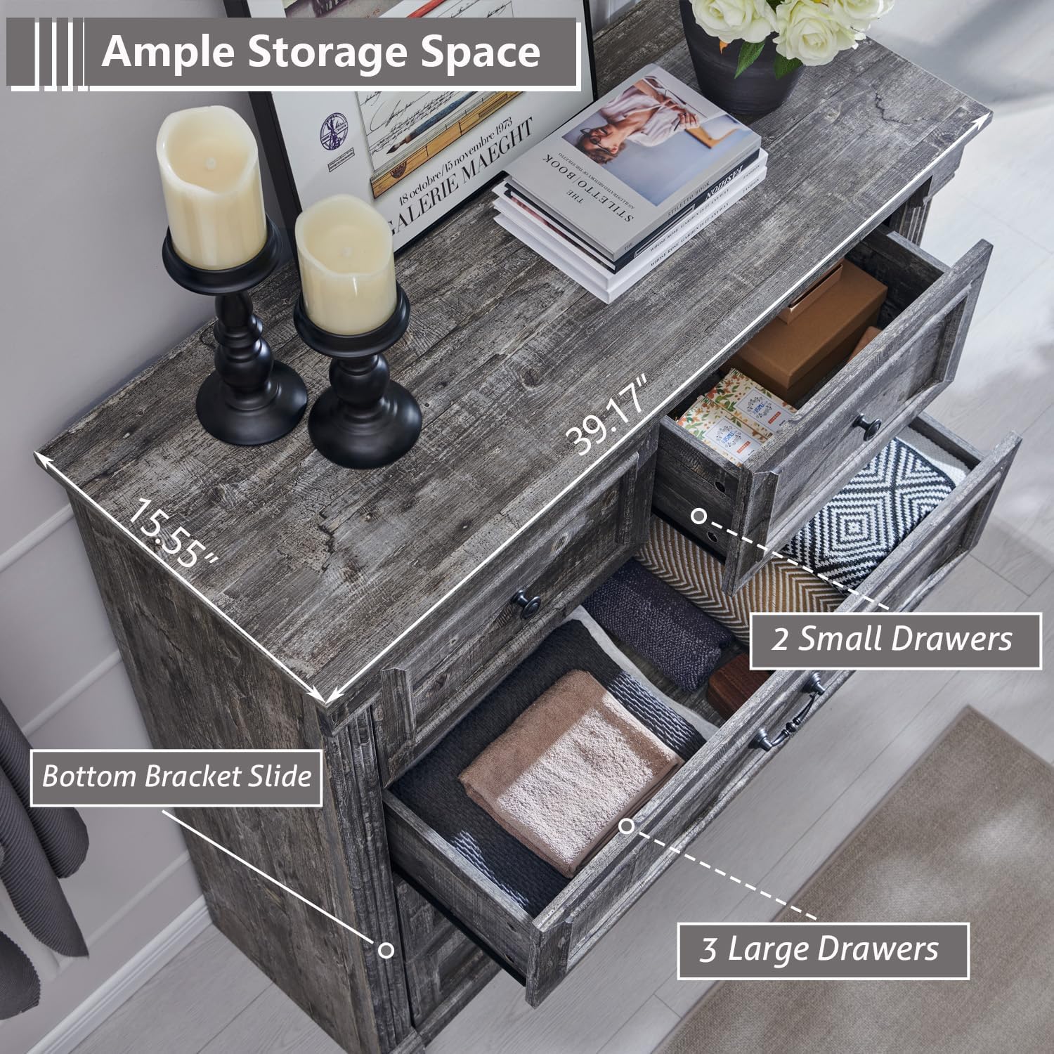 Aitjunz 5 Drawers Dresser for Bedroom, Farmhouse 46" Tall Dressers & Chests of Drawers w/Roman Column, Wood Rustic Closet Dresser w/Two Different Drawer Sizes for Bedroom, Living Room, Light Grey