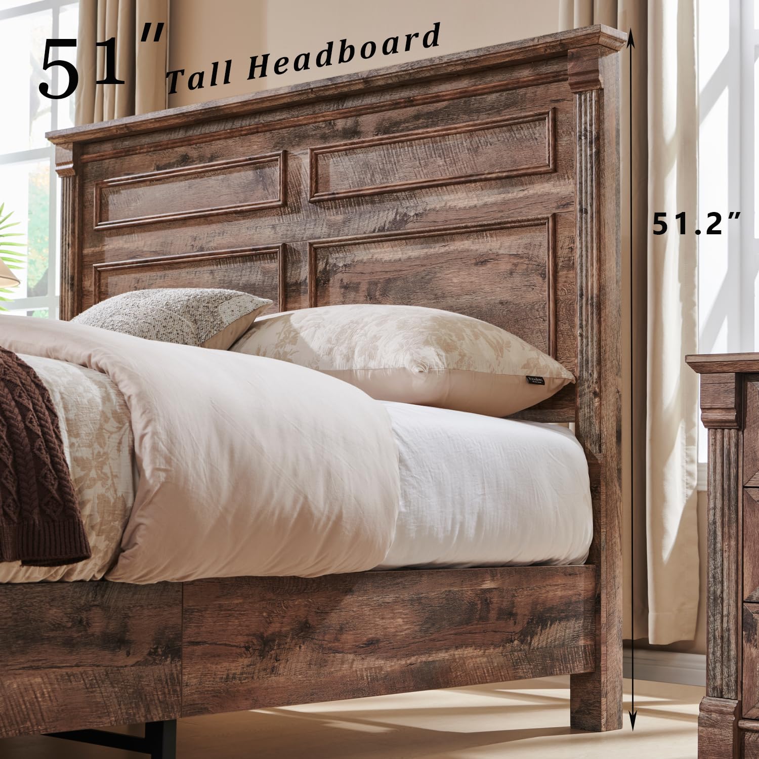 Aitjunz Farmhouse Queen Size Bed Frame with 51" Tall Headboard, Wood Platform Bed Frame with 20" Tall Roman Column Decoration Footboard & 2 Large Storage Drawers, No Box Spring Needed (Light Grey)