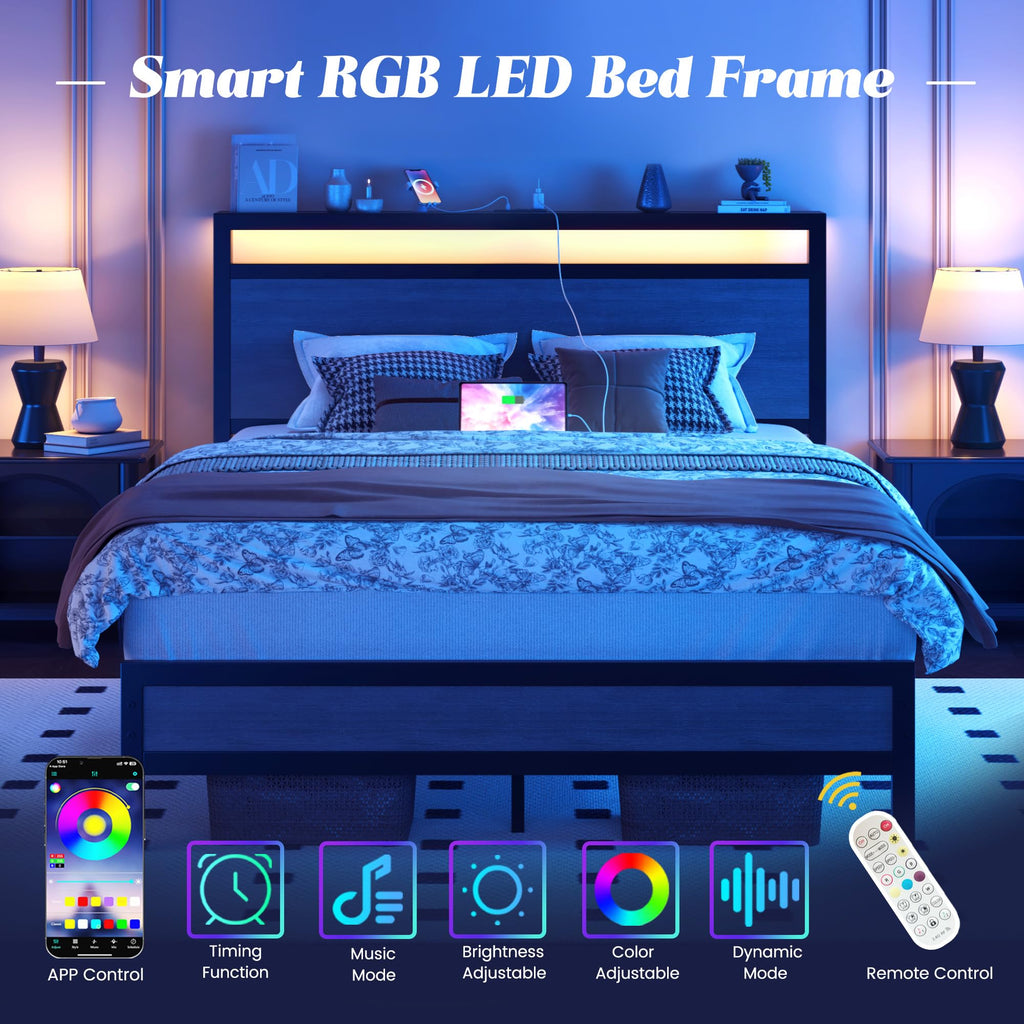Fluest Queen Bed Frame with Headboard & Footboard, Bed Frame with Built-in Charging Station & LED Light, Storage Shelf, Noise-Free, No Box Spring Needed, Easy Assembly, Classic Black