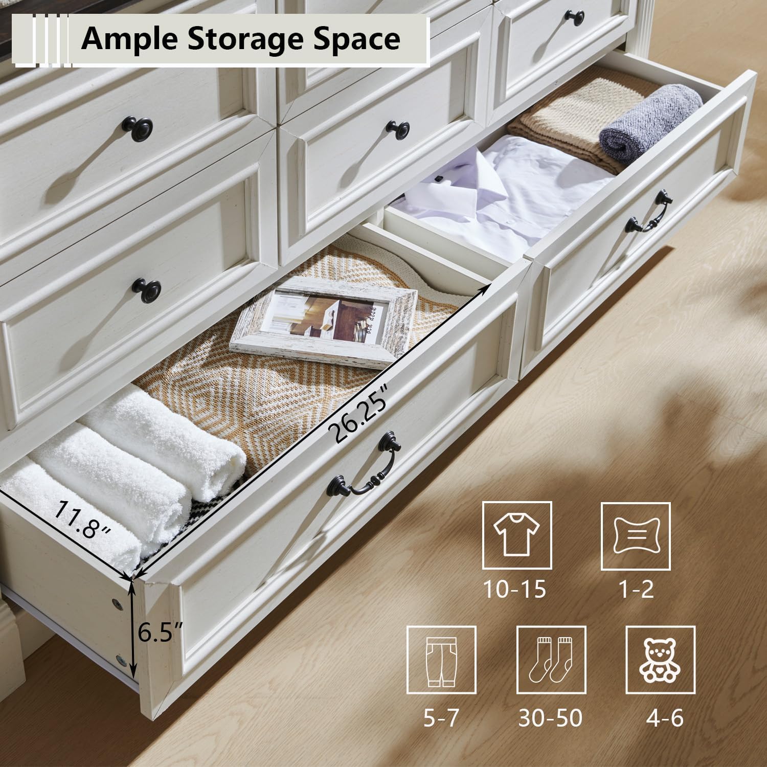 Aitjunz 5 Drawers Dresser for Bedroom, Farmhouse 46" Tall Dressers & Chests of Drawers w/Roman Column, Wood Rustic Closet Dresser w/Two Different Drawer Sizes for Bedroom, Living Room, Light Grey