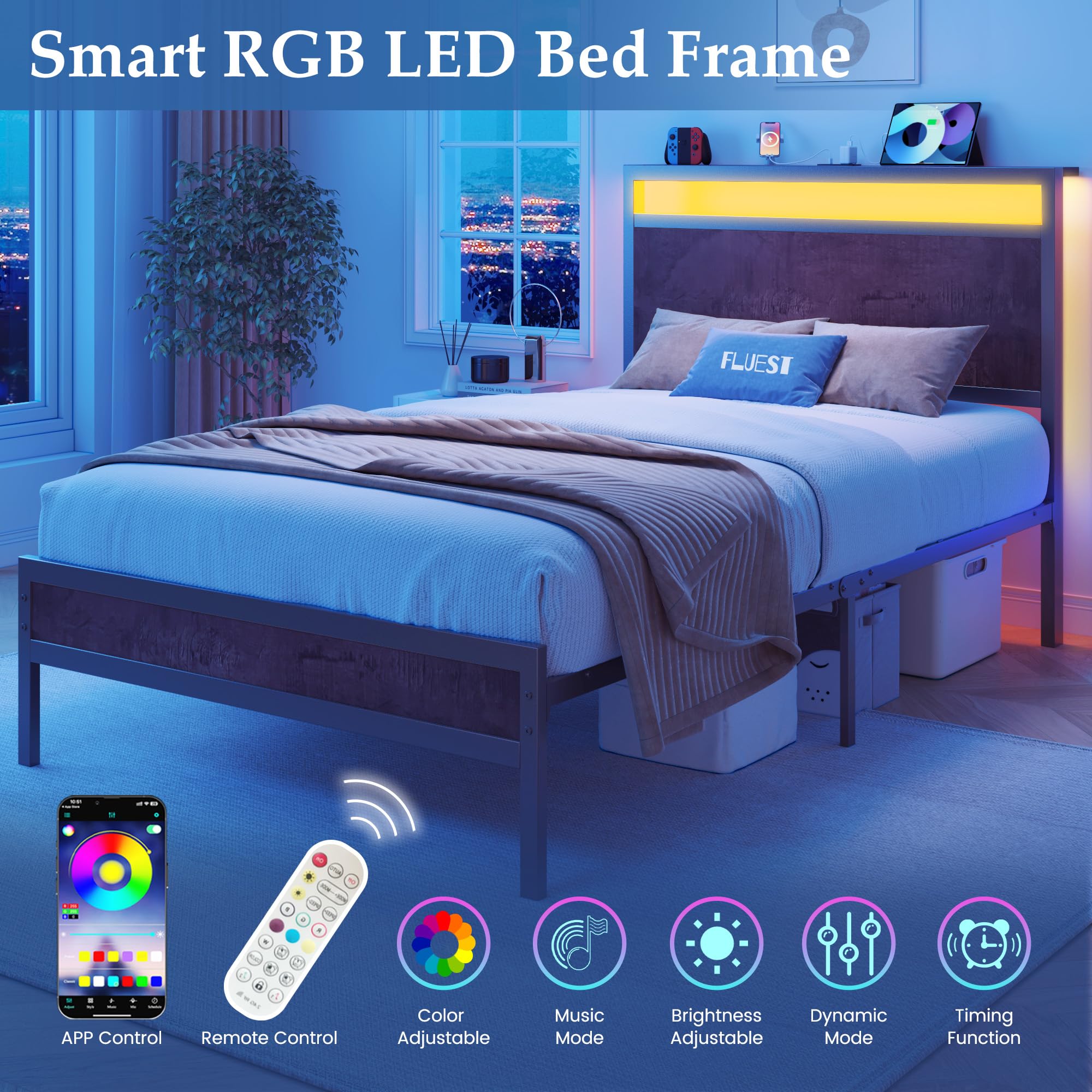 Fluest Queen Bed Frame with Headboard & Footboard, Bed Frame with Built-in Charging Station & LED Light, Storage Shelf, Noise-Free, No Box Spring Needed, Easy Assembly, Classic Black