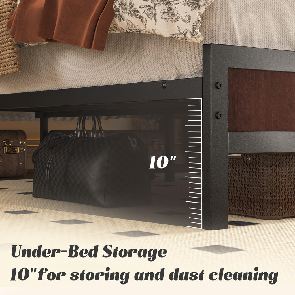 Fluest Queen Bed Frame with Headboard & Footboard, Bed Frame with Built-in Charging Station & LED Light, Storage Shelf, Noise-Free, No Box Spring Needed, Easy Assembly, Classic Black