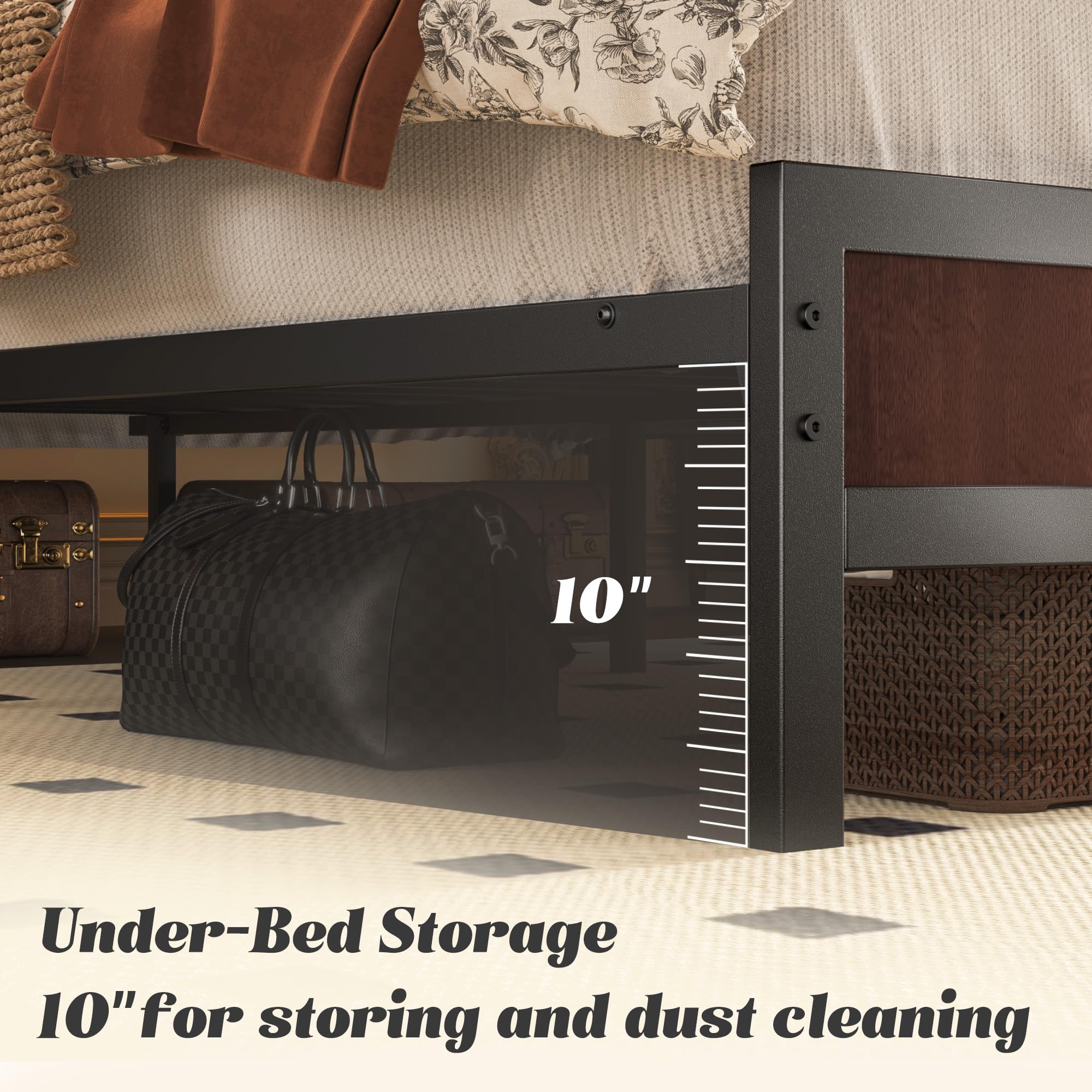 Fluest Queen Bed Frame with Headboard & Footboard, Bed Frame with Built-in Charging Station & LED Light, Storage Shelf, Noise-Free, No Box Spring Needed, Easy Assembly, Classic Black