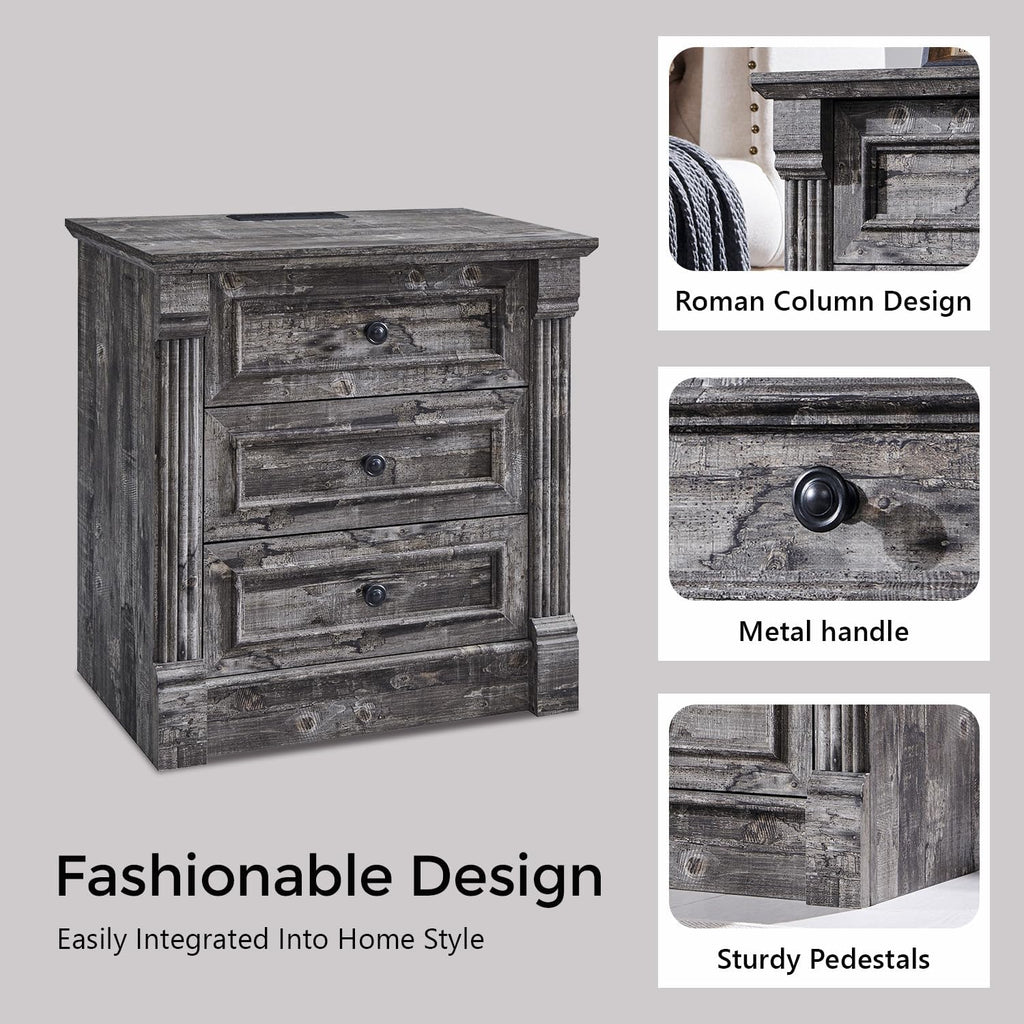 Aitjunz 26" Tall Farmhouse Nightstand Set of 2, 3 Drawers End Table w/Charging Station, 23.6" Wide Large Side Table w/Roman Column, Wood Rustic Sofa Table for Bedroom, Light Gray