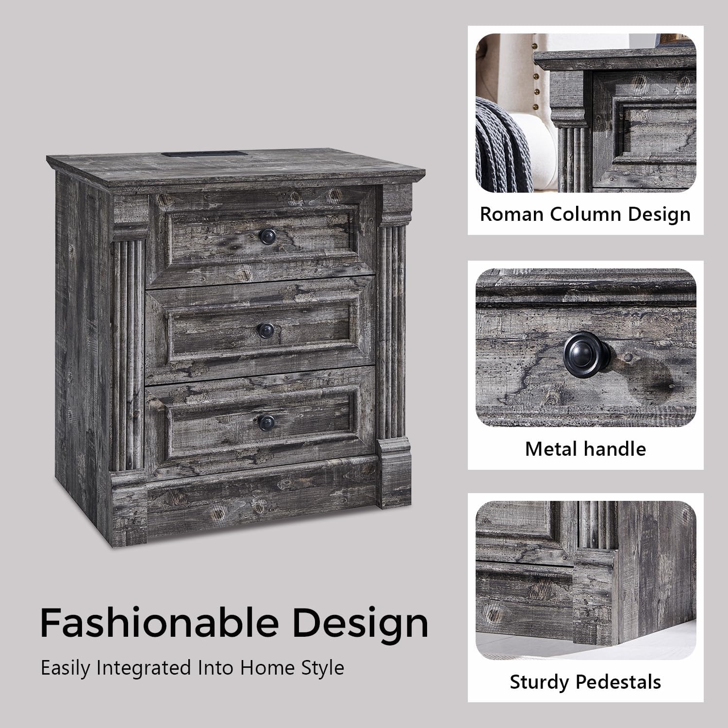 Aitjunz 26" Tall Farmhouse Nightstand Set of 2, 3 Drawers End Table w/Charging Station, 23.6" Wide Large Side Table w/Roman Column, Wood Rustic Sofa Table for Bedroom, Light Gray