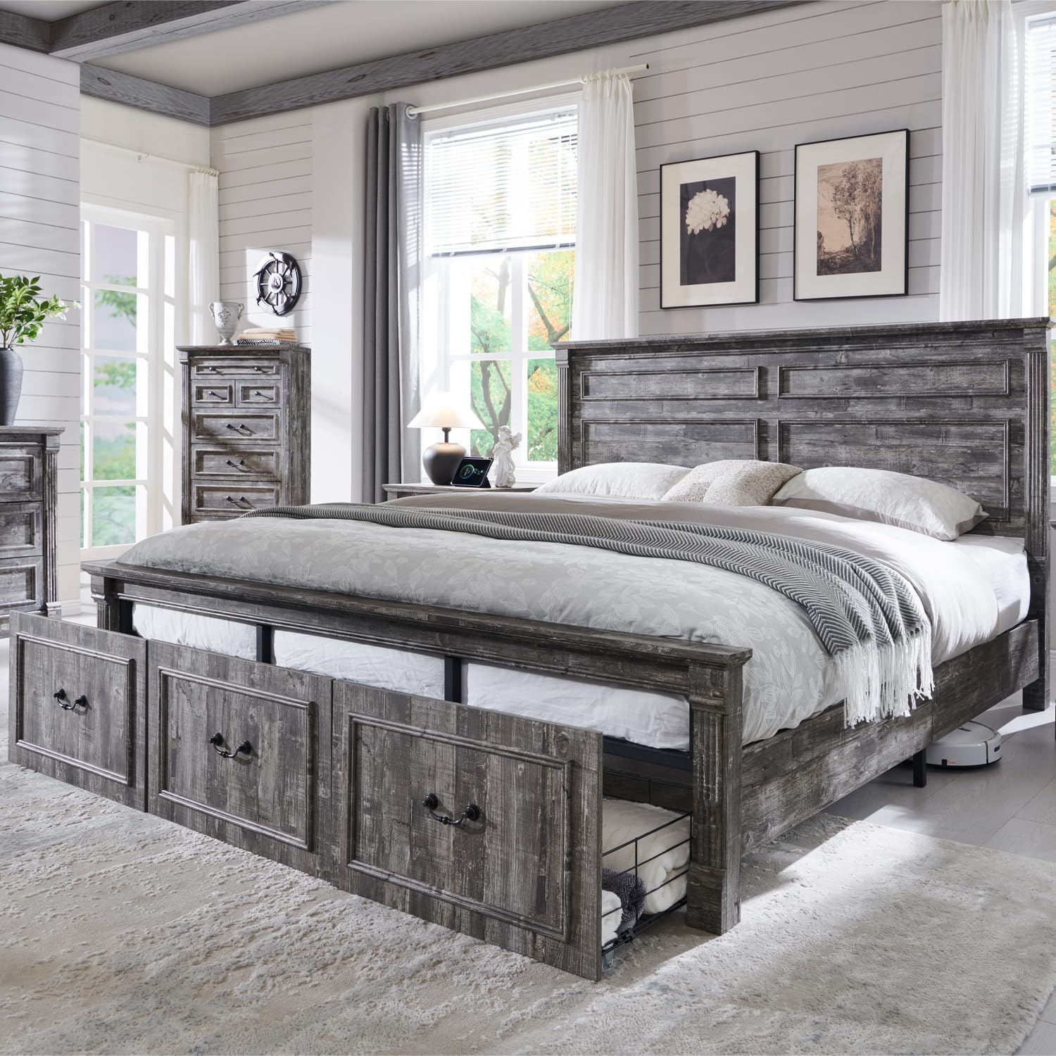 Aitjunz Farmhouse Queen Size Bed Frame with 51" Tall Headboard, Wood Platform Bed Frame with 20" Tall Roman Column Decoration Footboard & 2 Large Storage Drawers, No Box Spring Needed (Light Grey)