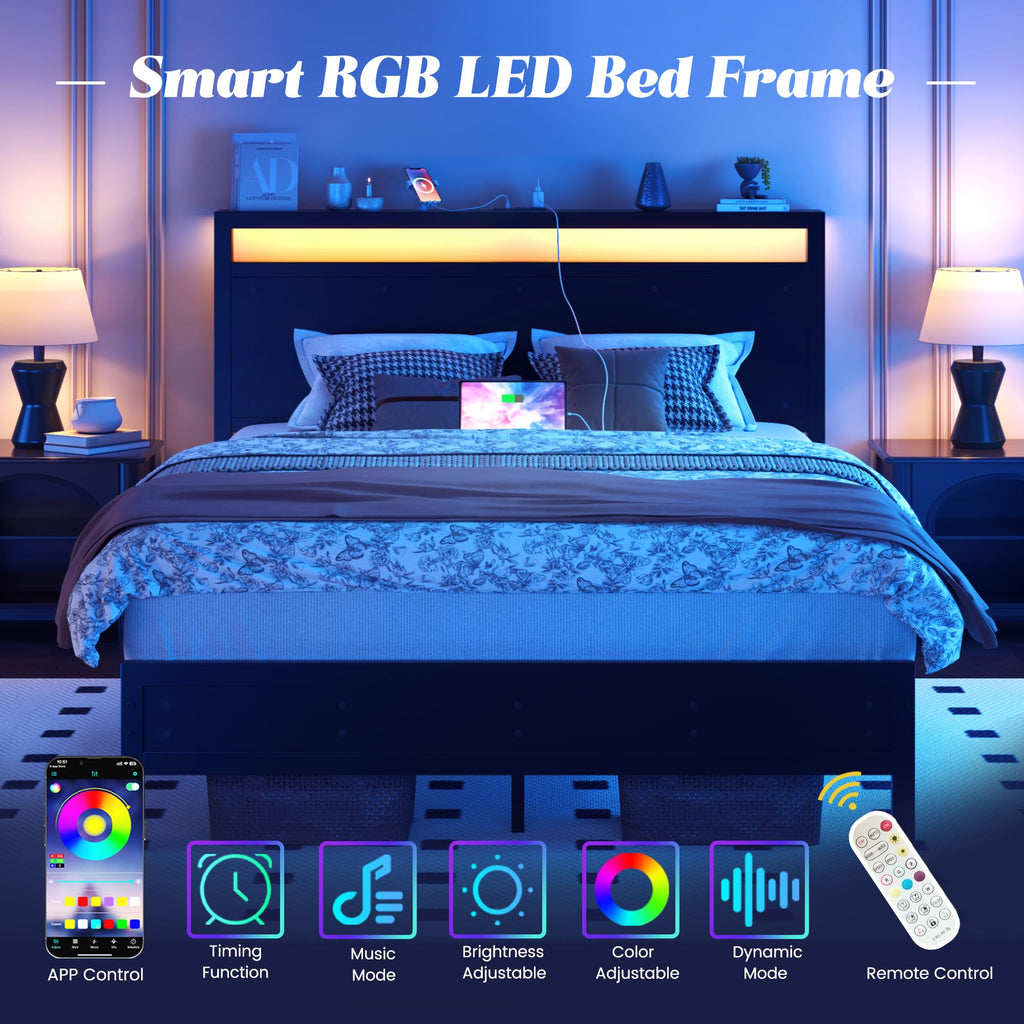 Fluest Queen Bed Frame with Headboard & Footboard, Bed Frame with Built-in Charging Station & LED Light, Storage Shelf, Noise-Free, No Box Spring Needed, Easy Assembly, Classic Black