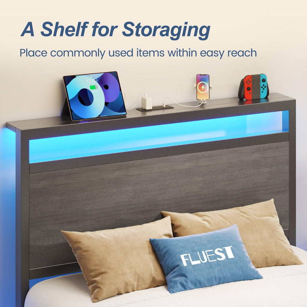 Fluest Queen Bed Frame with Headboard & Footboard, Bed Frame with Built-in Charging Station & LED Light, Storage Shelf, Noise-Free, No Box Spring Needed, Easy Assembly, Classic Black