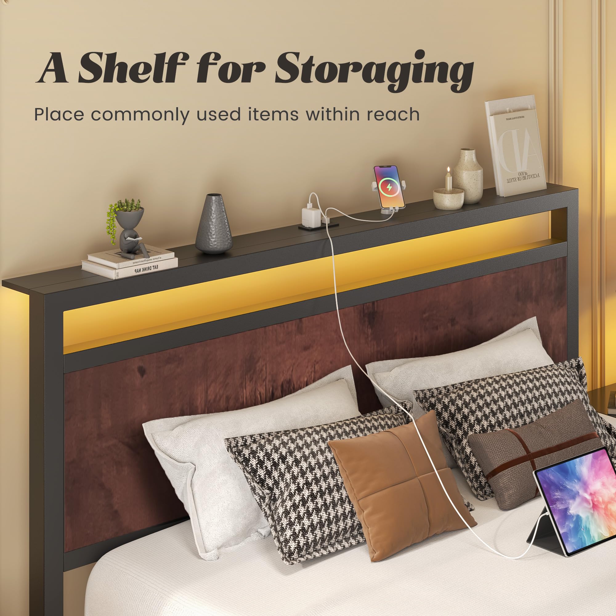Fluest Queen Bed Frame with Headboard & Footboard, Bed Frame with Built-in Charging Station & LED Light, Storage Shelf, Noise-Free, No Box Spring Needed, Easy Assembly, Classic Black