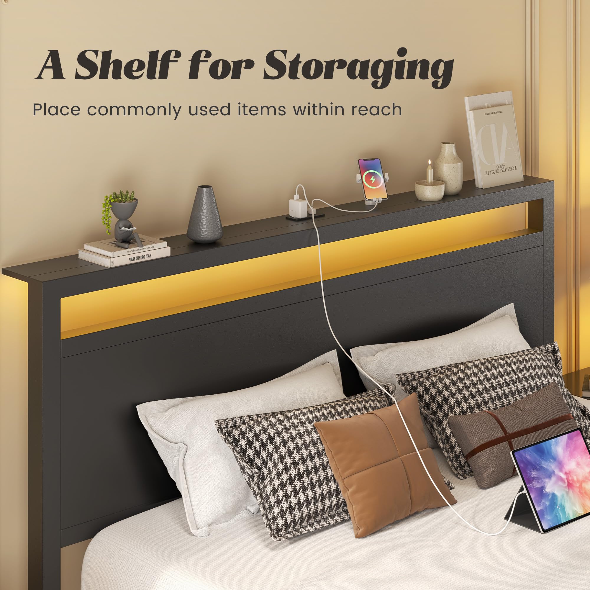Fluest Queen Bed Frame with Headboard & Footboard, Bed Frame with Built-in Charging Station & LED Light, Storage Shelf, Noise-Free, No Box Spring Needed, Easy Assembly, Classic Black